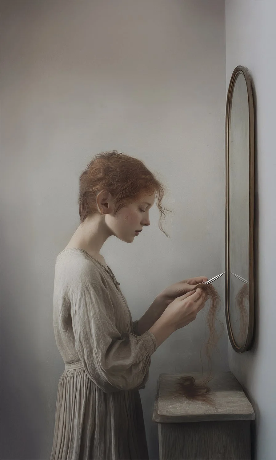 Young woman with short, wavy red hair trimming her long hair with scissors in front of a mirror.
