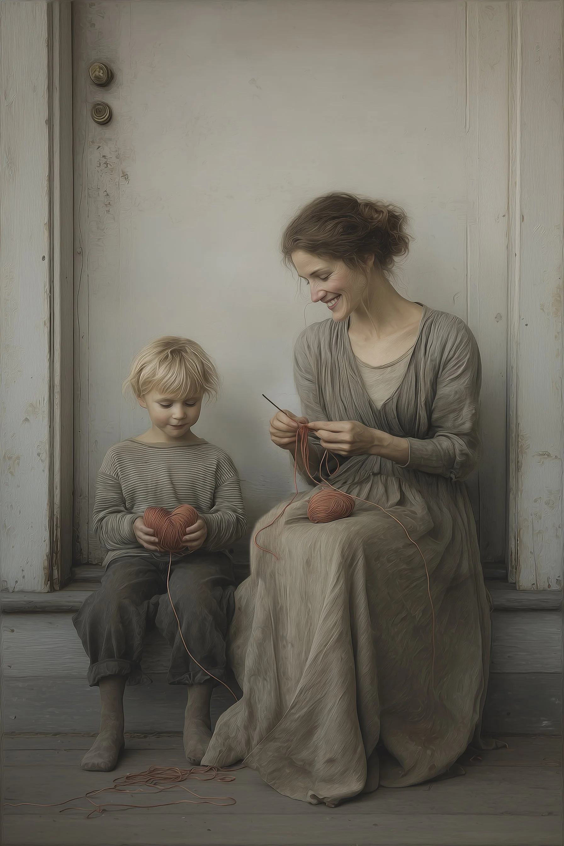 A woman and a young boy sitting on a porch, both holding balls of yarn, with the woman knitting and the boy looking at his yarn, smiling.