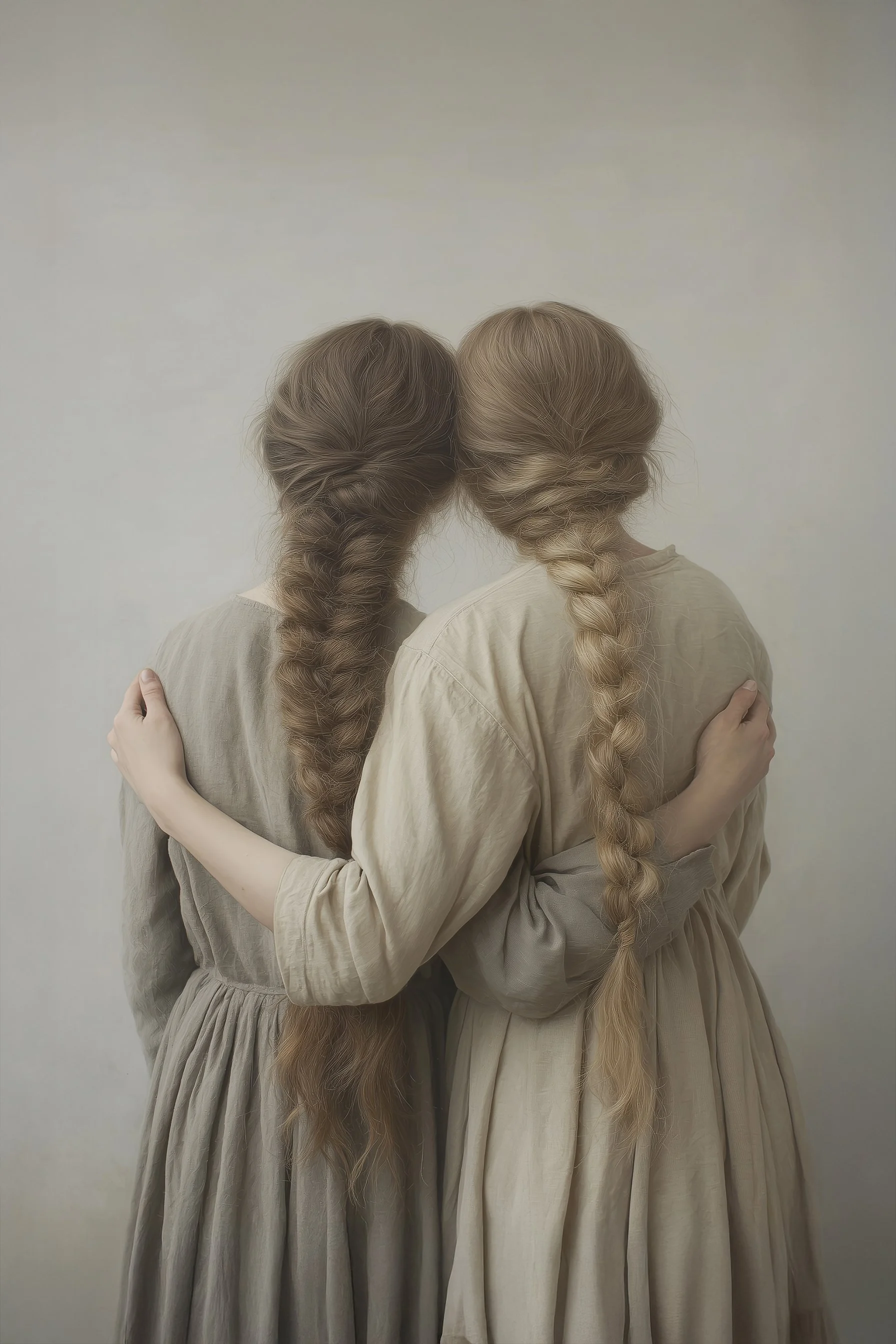 Two women with long, braided hair hugging each other.
