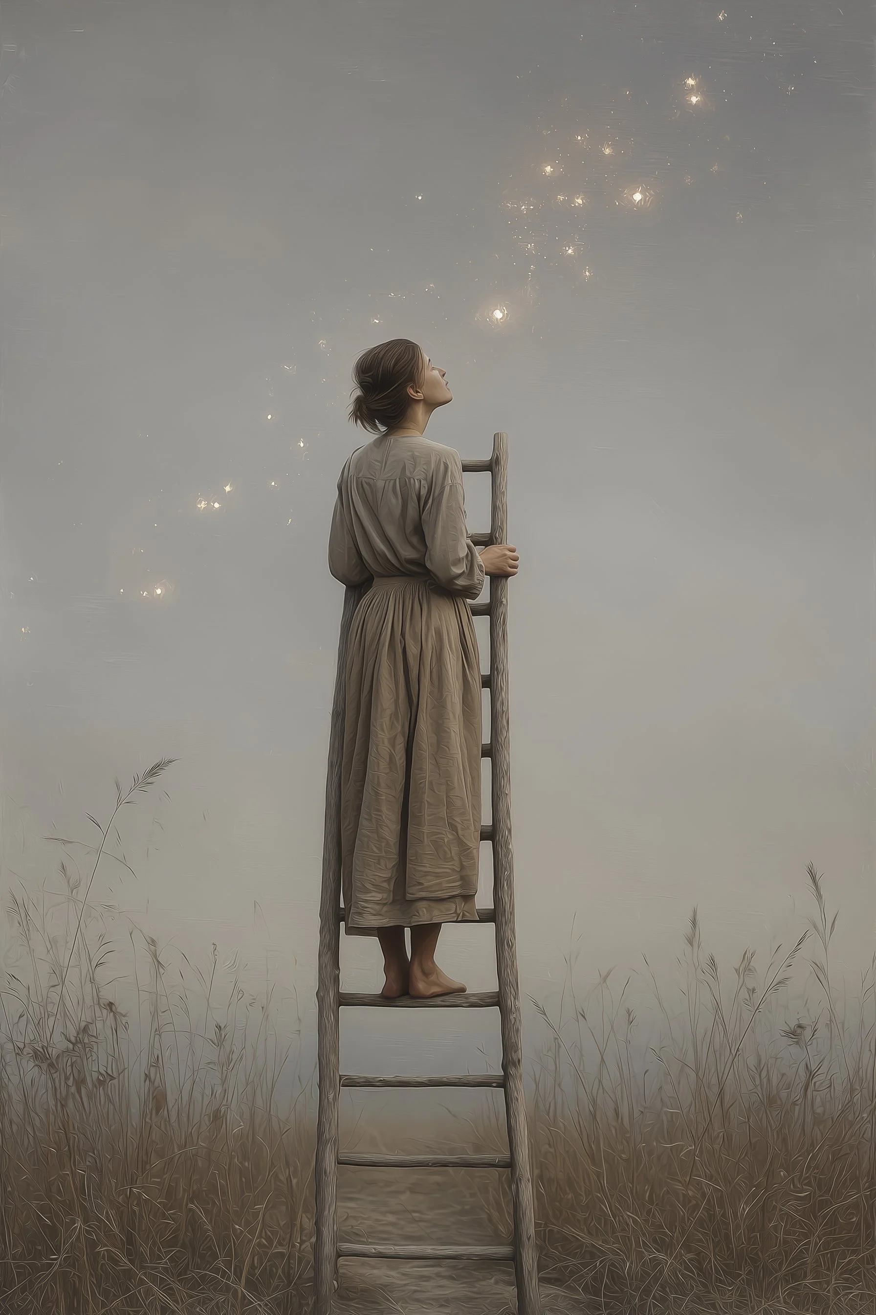 A woman standing barefoot on a ladder in a field, looking up at a cloudy sky with glowing lights or stars above.