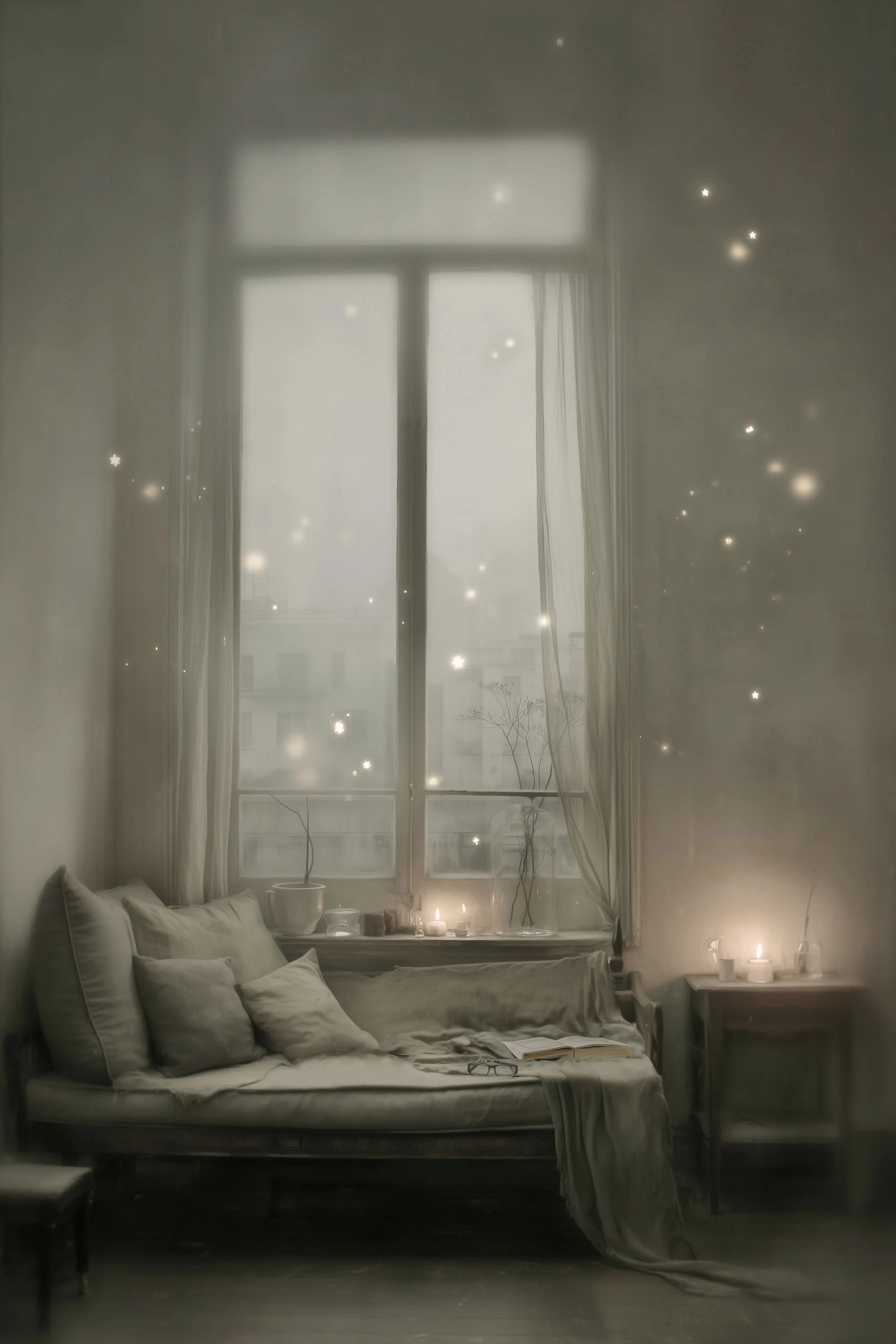 A cozy bedroom with a large window, sheer curtains, and soft candlelight. There is a bed with pillows, an open book, and small plants on the window sill.