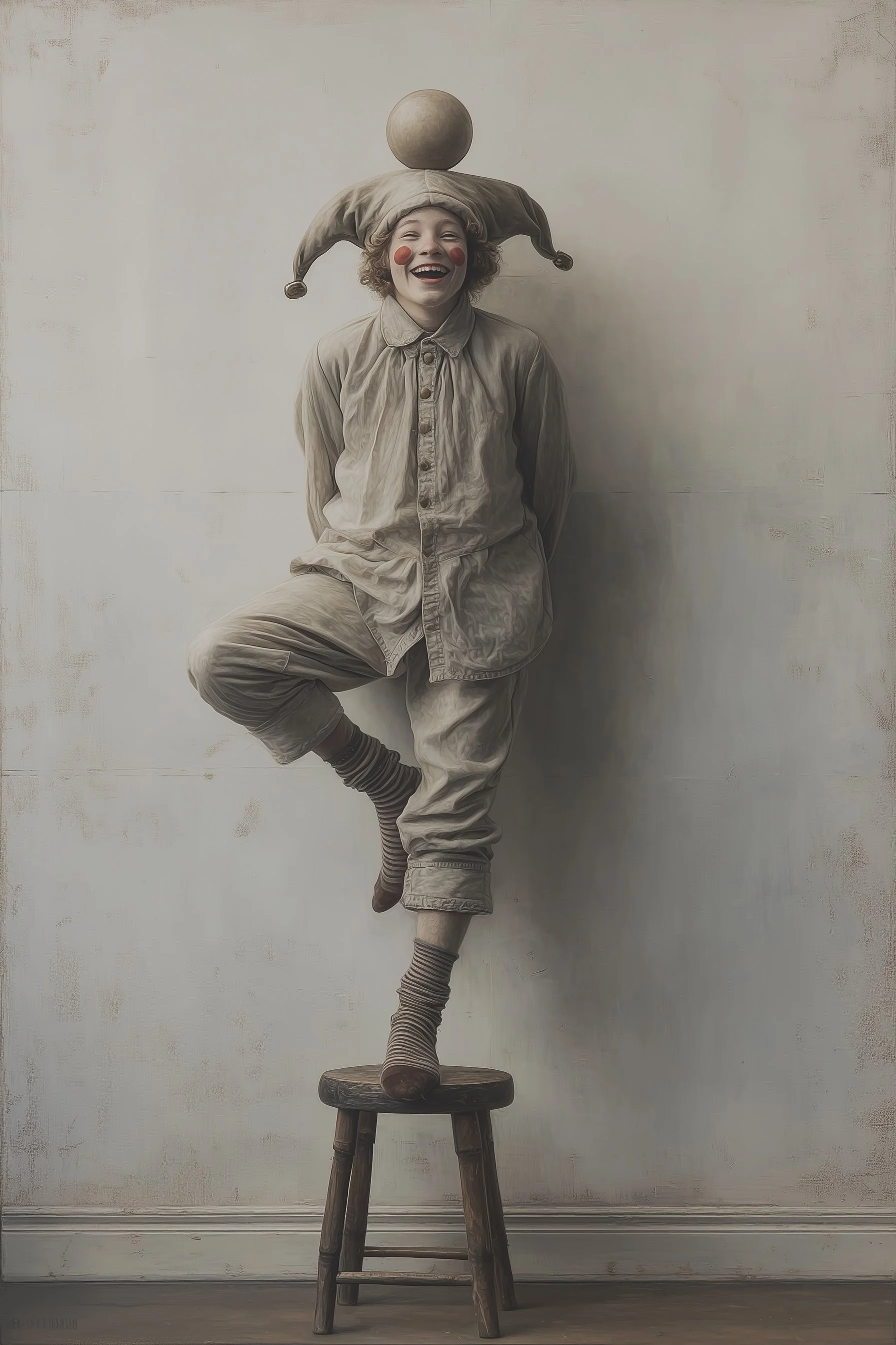 A person dressed as a clown balancing on a stool, with a beige costume, a juggling hat with a ball on top, red face paint, and striped socks, smiling against a plain wall.