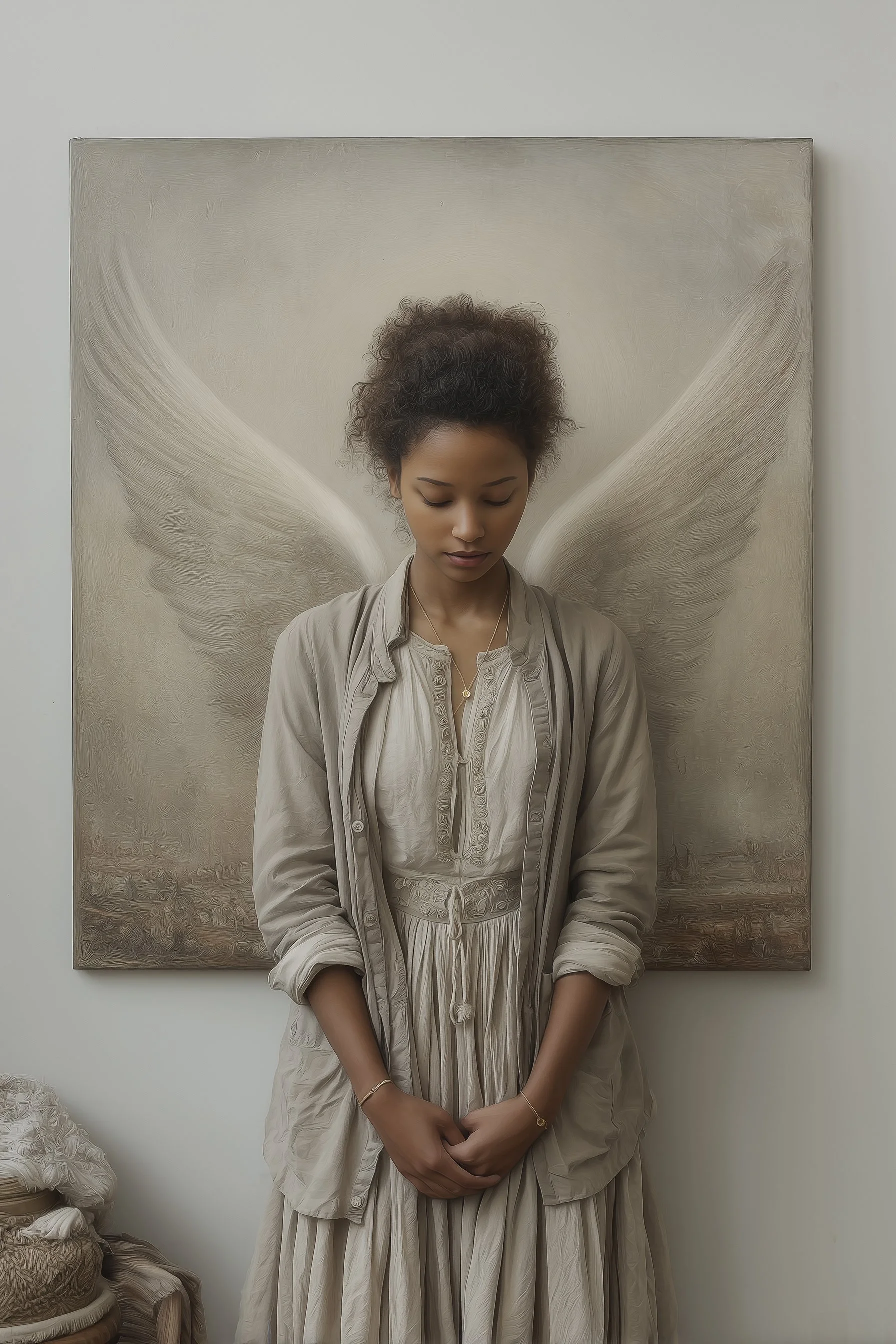 A young woman with curly hair standing in front of a painting of angel wings, looking downward with her hands folded in front of her, dressed in an elegant cream-colored outfit.