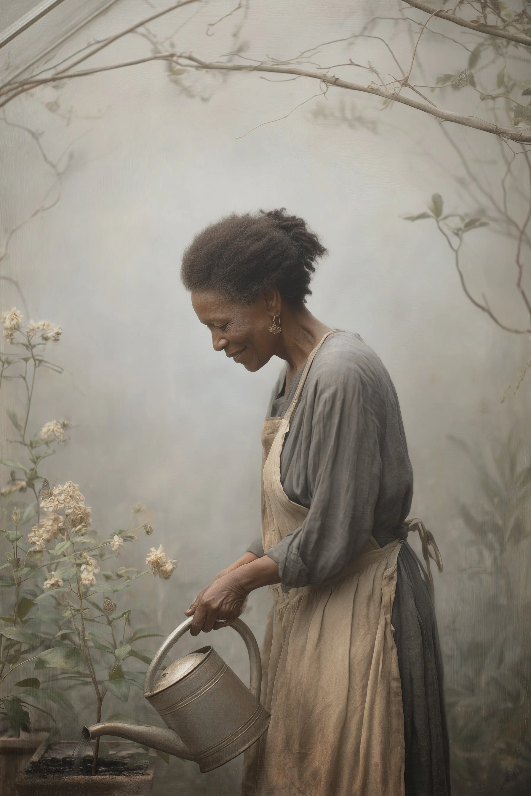 An elderly woman with gray hair, wearing a gray dress and a beige apron, is smiling while watering plants with a watering can in a garden.