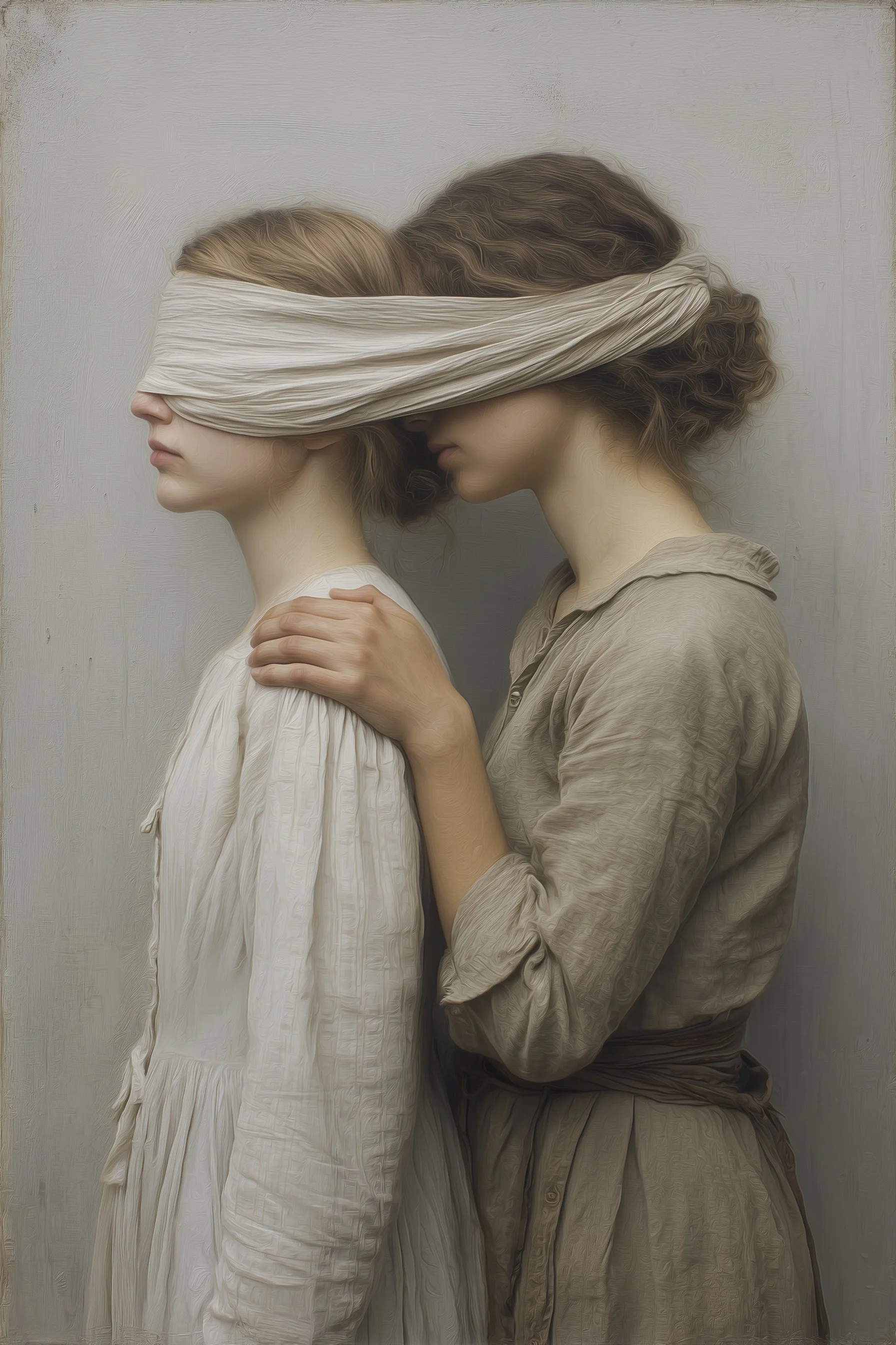 Two women standing closely, one with a bandage wrapped around her eyes and the other gently holding her shoulder.