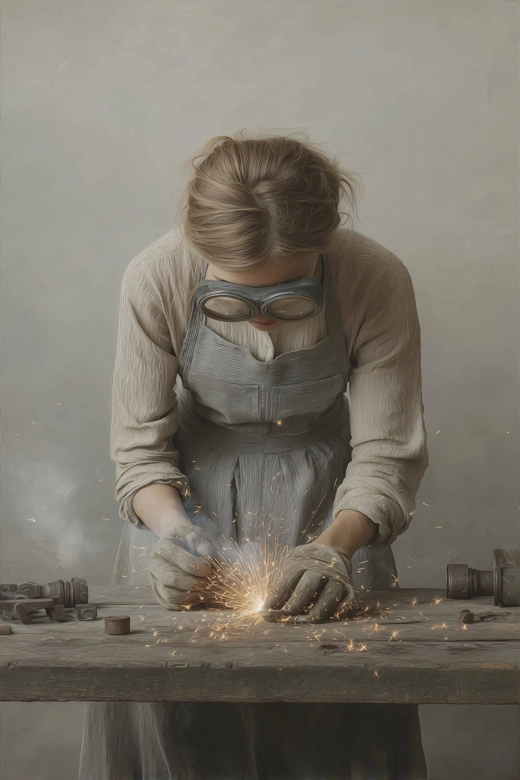 A woman welding sparks flying as she works on metal pieces at a wooden workbench.