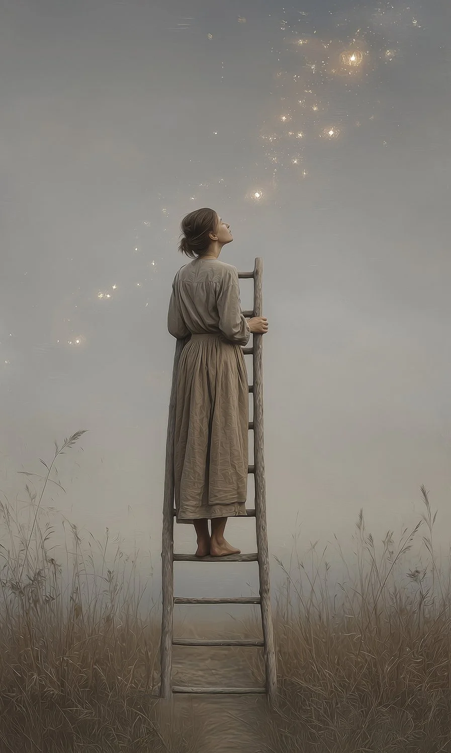A woman standing on a ladder in a field of tall grass, looking up at the sky with sparkles or stars. The scene has a surreal, dreamlike quality.