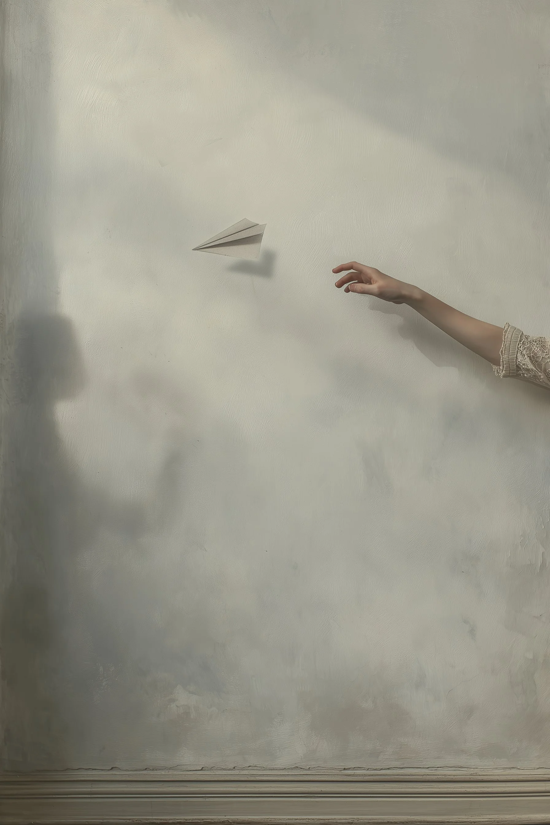 A paper airplane flying through the air near a person's outstretched hand against a plain wall.