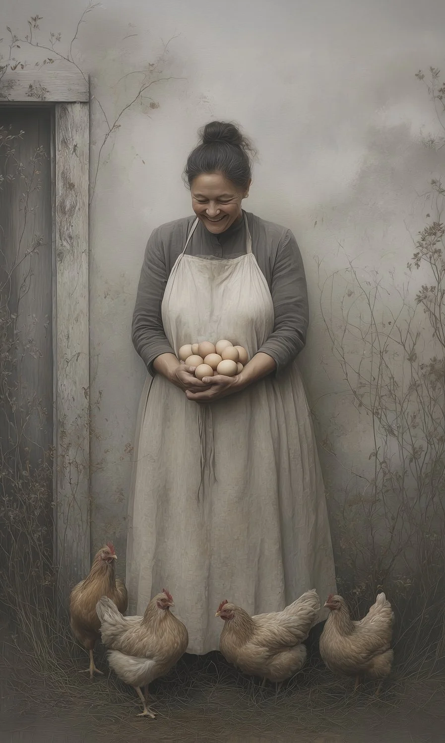 A woman standing against a textured wall, holding a bowl of eggs, surrounded by four chickens at her feet, smiling and looking down.