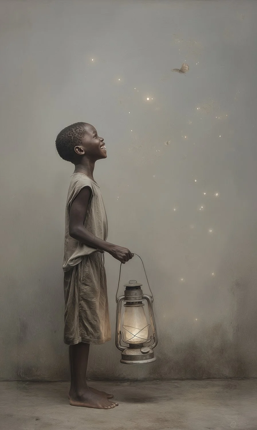 A young boy standing barefoot on a plain ground, smiling and looking up at glowing fireflies and a butterfly in a gray, minimal background. He is holding a lantern that is lit.