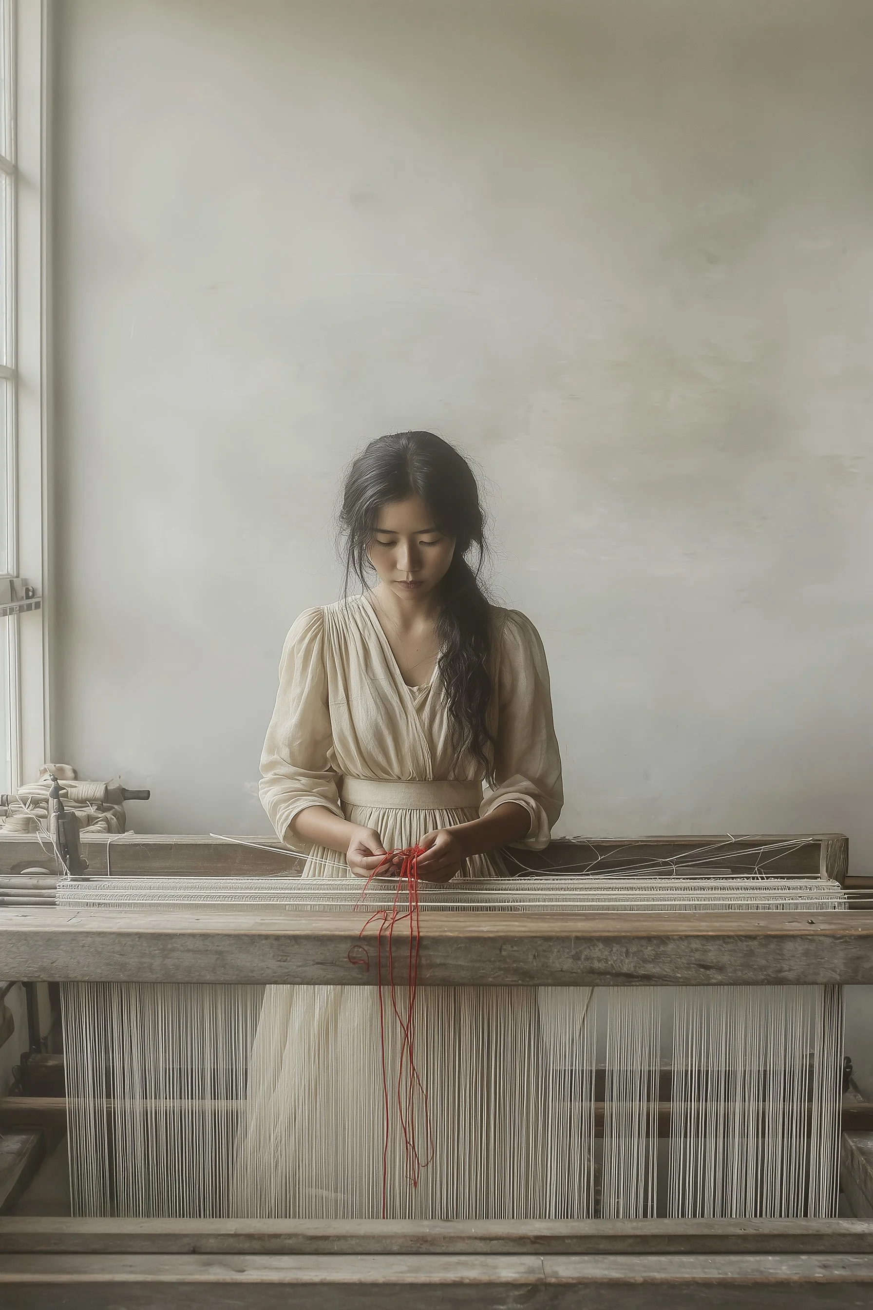 Young woman weaving on a traditional loom in a bright, minimalistic room.