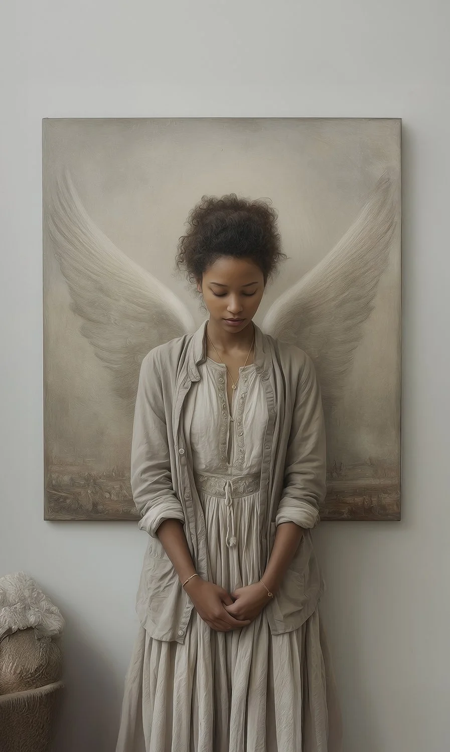 A young woman with curly hair and a light dress standing with her head bowed and eyes closed, in front of a painting of angel wings on a white wall.