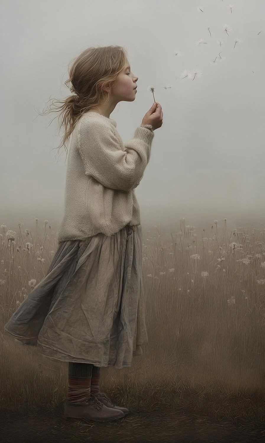 A girl in a beige sweater and long skirt stands in a foggy field holding a dandelion, with dandelions blowing in the wind.
