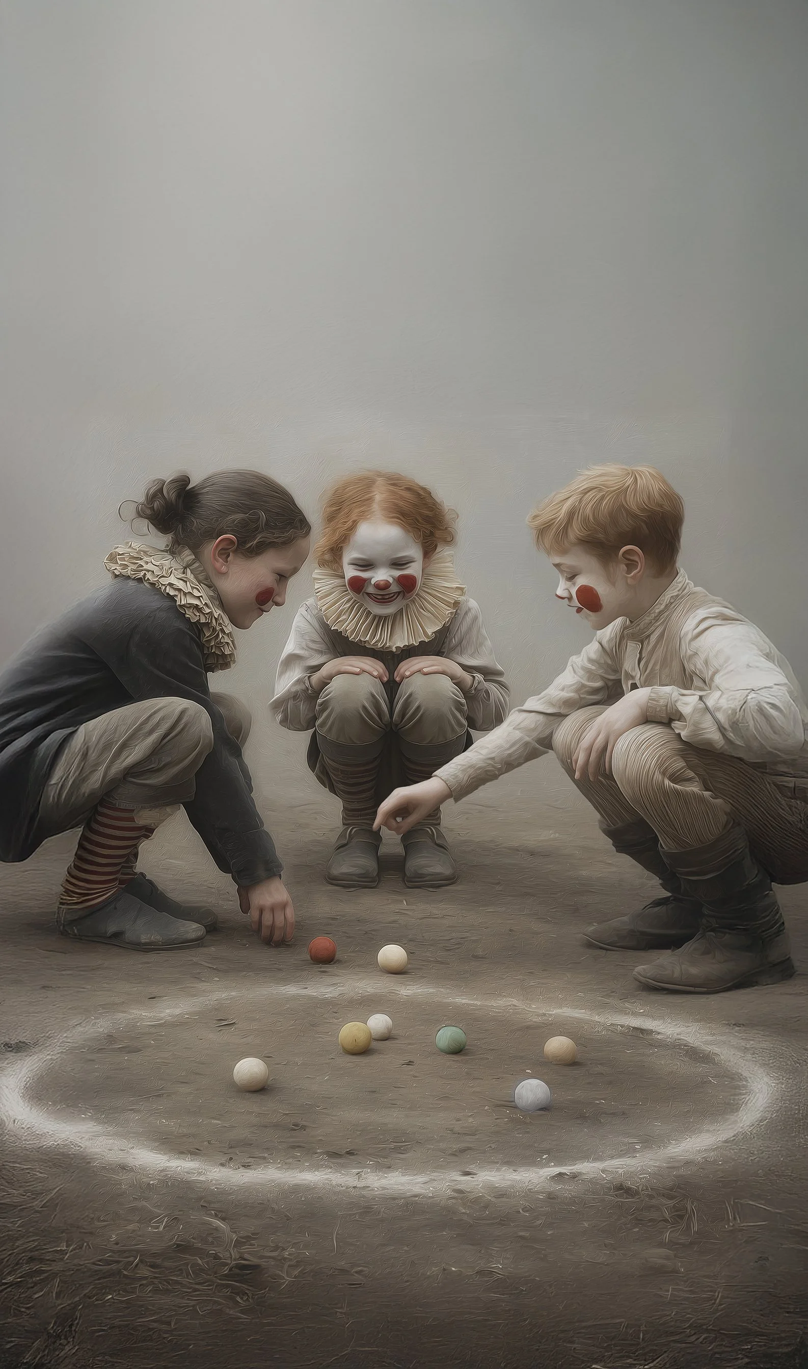 Three children dressed as clowns playing with colorful balls on the floor against a plain wall.