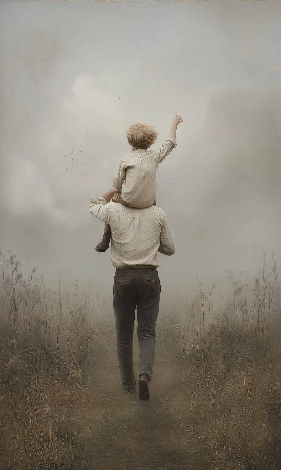 A man walking on a dirt path through a field carrying a young boy on his shoulders, with the boy reaching out towards the sky amidst a cloudy sky and distant trees.