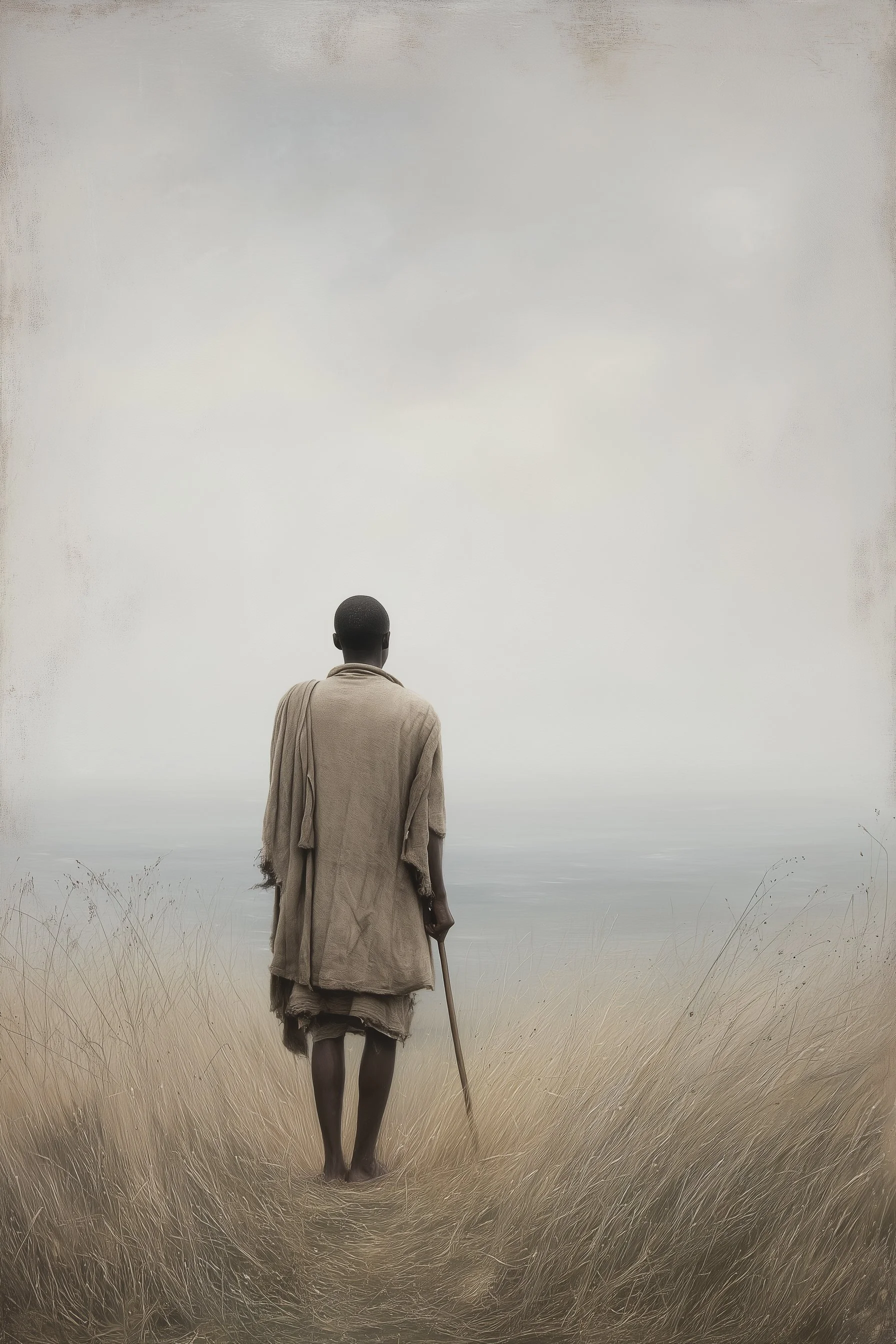 A solitary person dressed in beige traditional clothing walking with a stick in a grassy plain towards a foggy, overcast horizon.