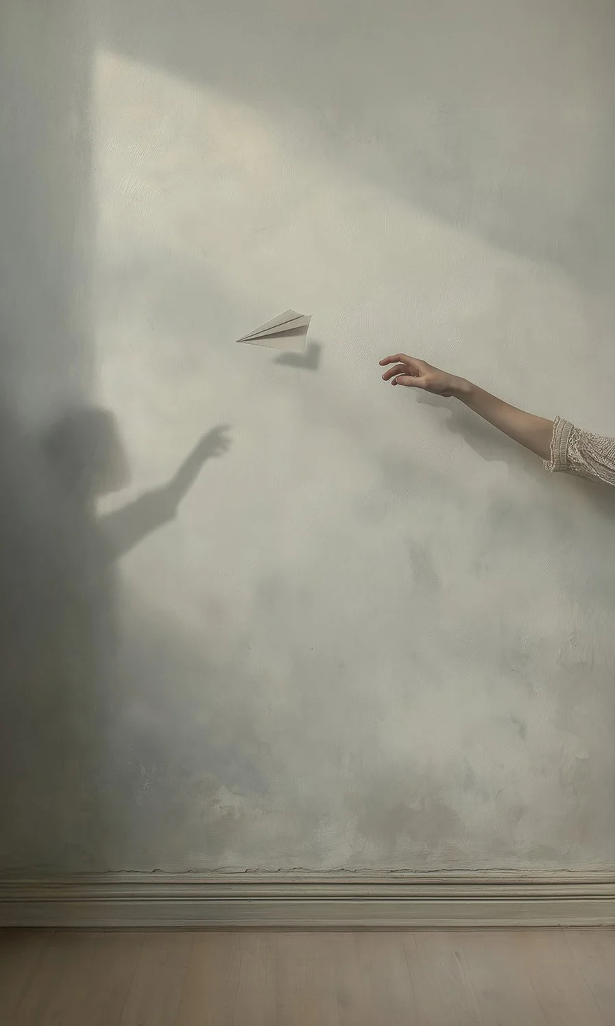 A paper airplane flying in mid-air with a shadow cast on a plain wall, also showing a person's arm reaching out towards it.