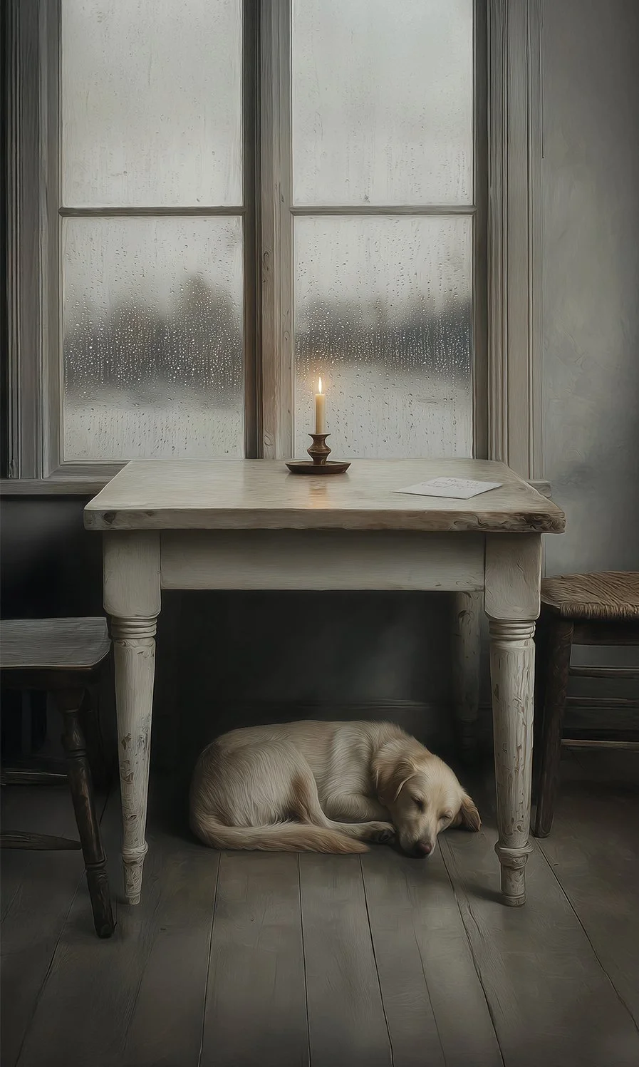 Interior scene with a white wooden table beneath a rain-streaked window, a candle in a holder on the table, and a sleeping dog curled up on the wooden floor underneath.