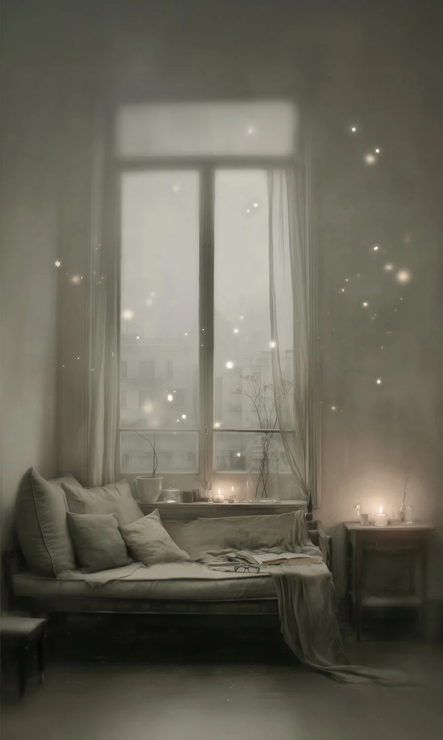 A cozy living room scene with a window, sheer curtains, and candles on the windowsill and side table, creating a warm atmosphere.