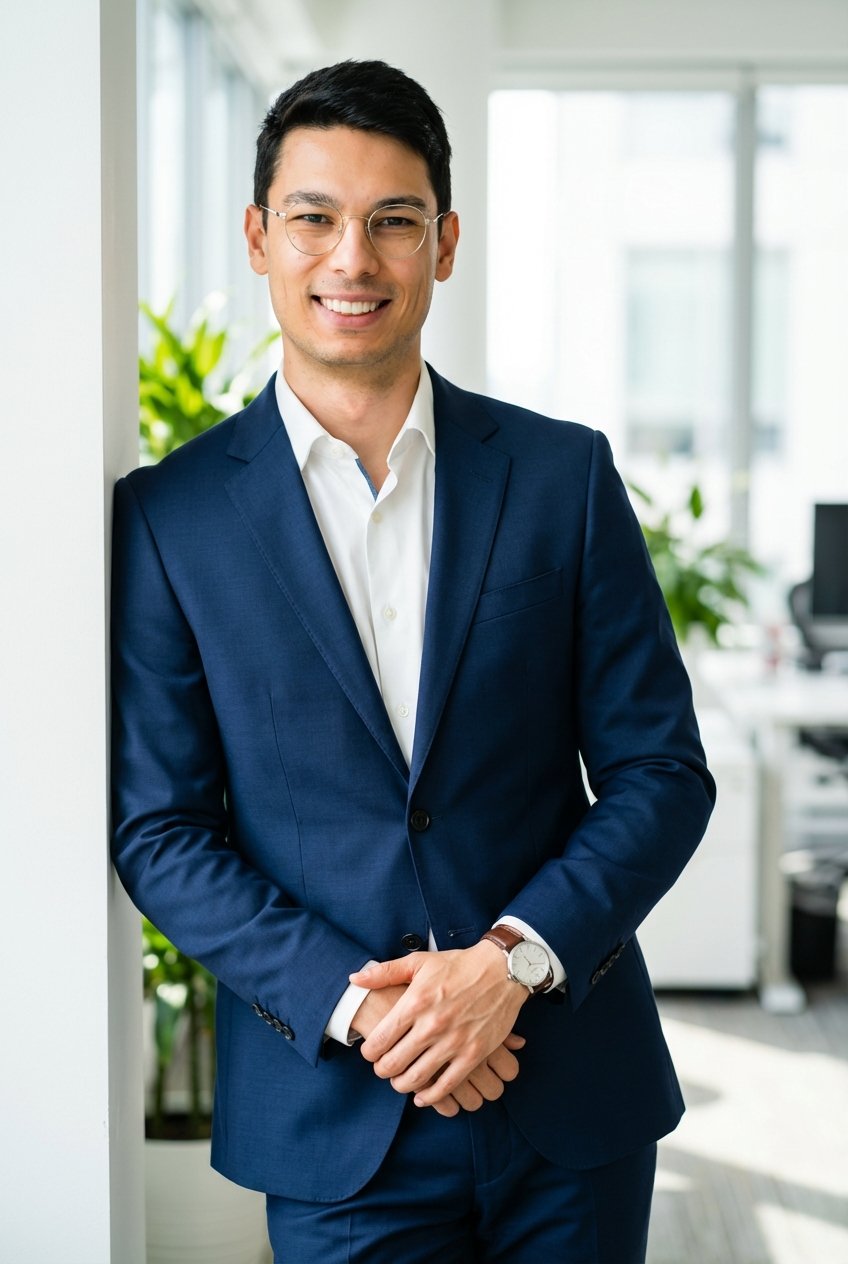 Ein lachender Mann in Businesskleidung, trägt eine Brille und watch, steht in einem modernen Büro mit Pflanzen im Hintergrund.