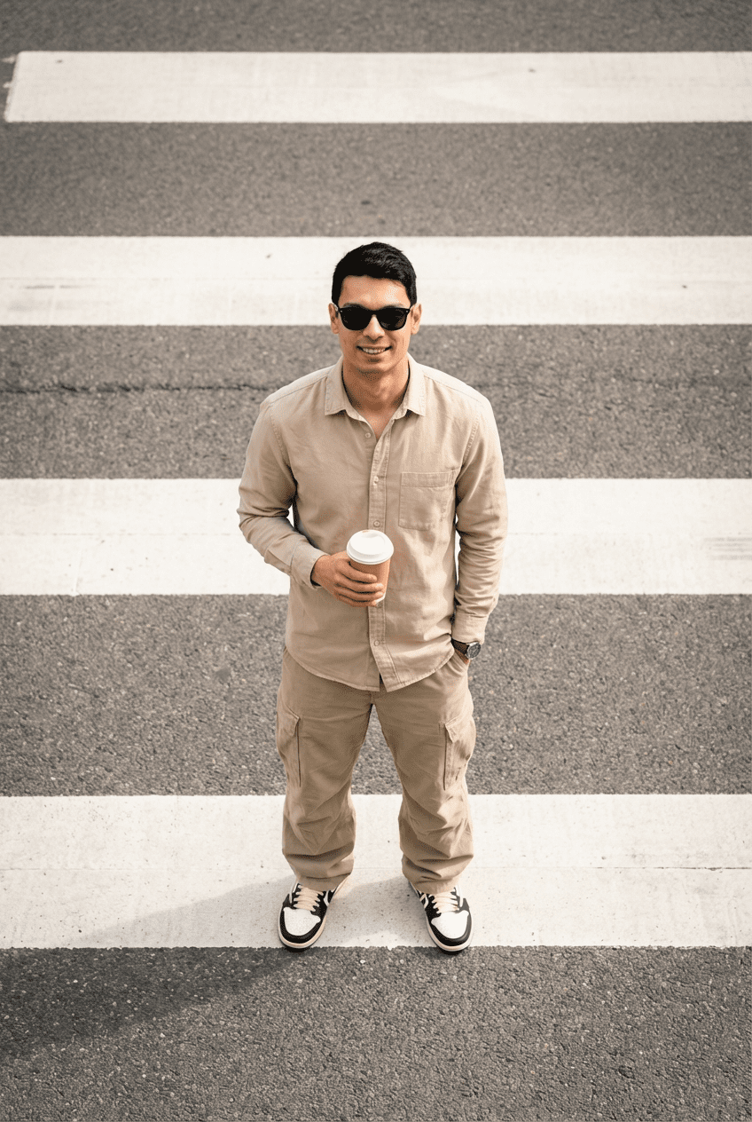 Ein junger Mann mit dunklen Haaren, schwarzen Sonnenbrillen, beigem Hemd, beigen Hosen und weißen Turnschuhen steht auf einem Zebrastreifen und hält eine Kaffeetasse in der Hand.