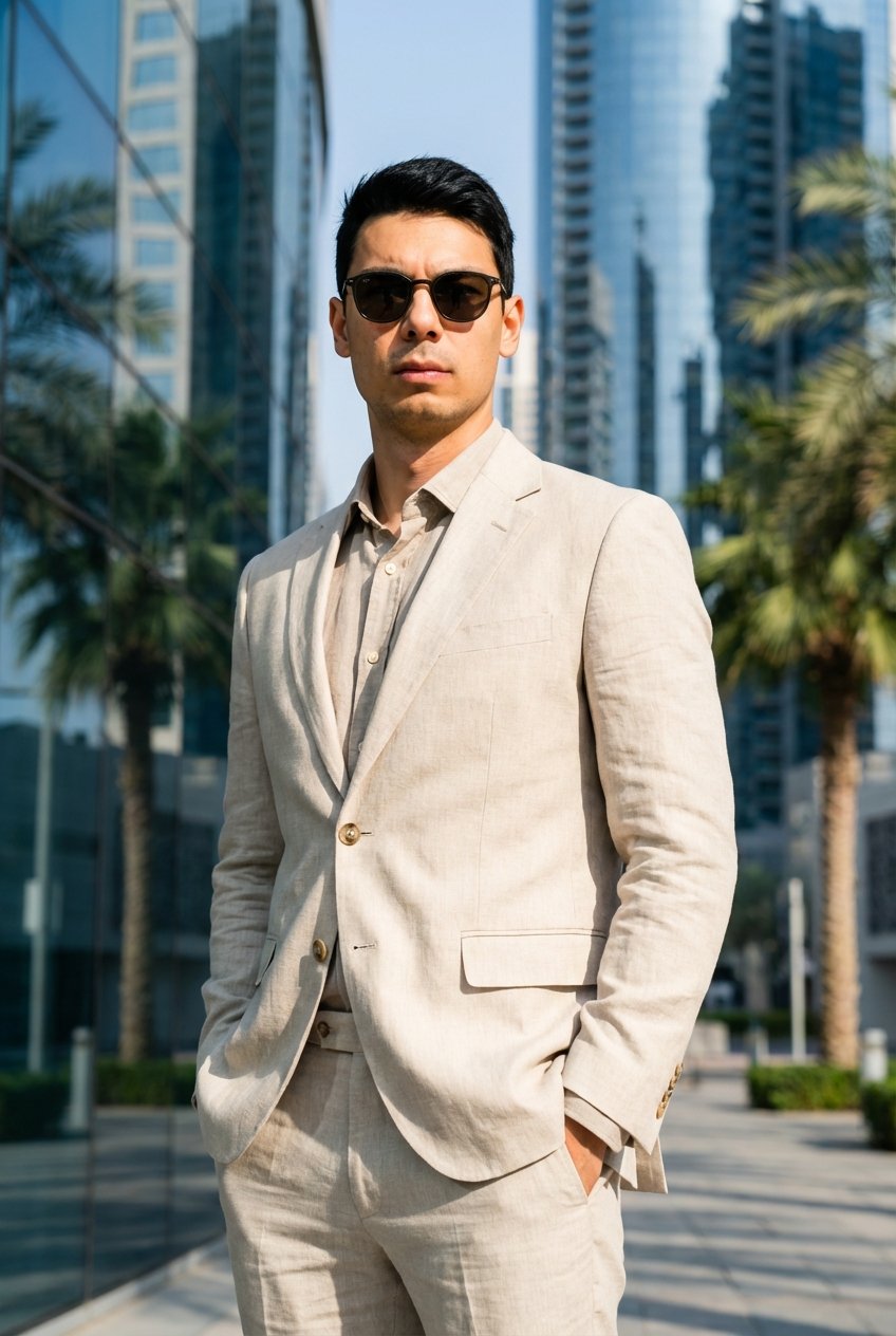 Junger Mann in beiger Anzug und dunklen Sonnenbrille steht auf einer modernen Stadtstraße mit hohen Gebäuden und Palmen im Hintergrund.