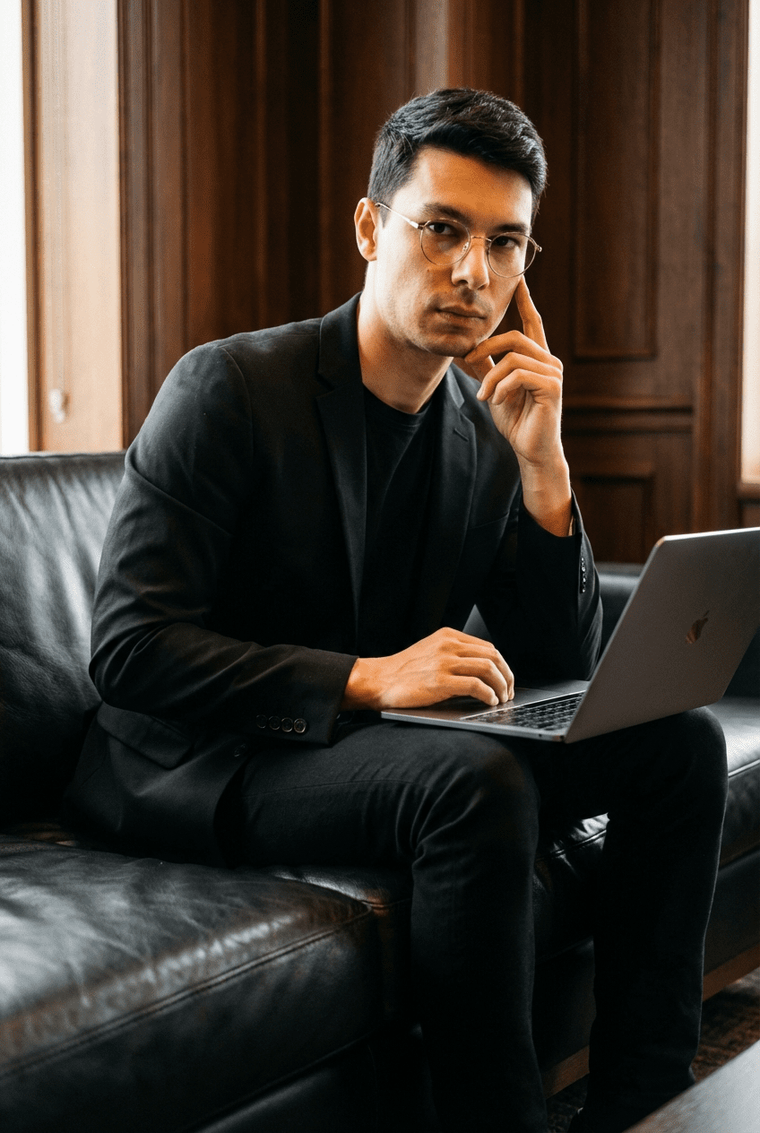 Junger Mann sitzt auf einem schwarzen Ledersofa mit Laptop, trägt schwarze Kleidung und Brille, in einem Raum mit Holzvertäfelung.