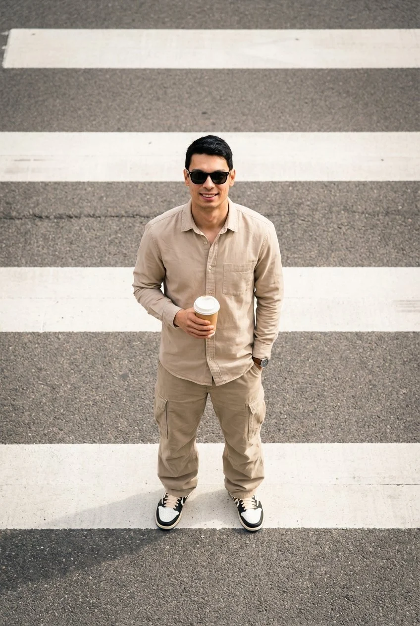 Junge Mann auf Zebrastreifen, trägt beige Kleidung, schwarze Sonnenbrille, hält Kaffee und lächelt.