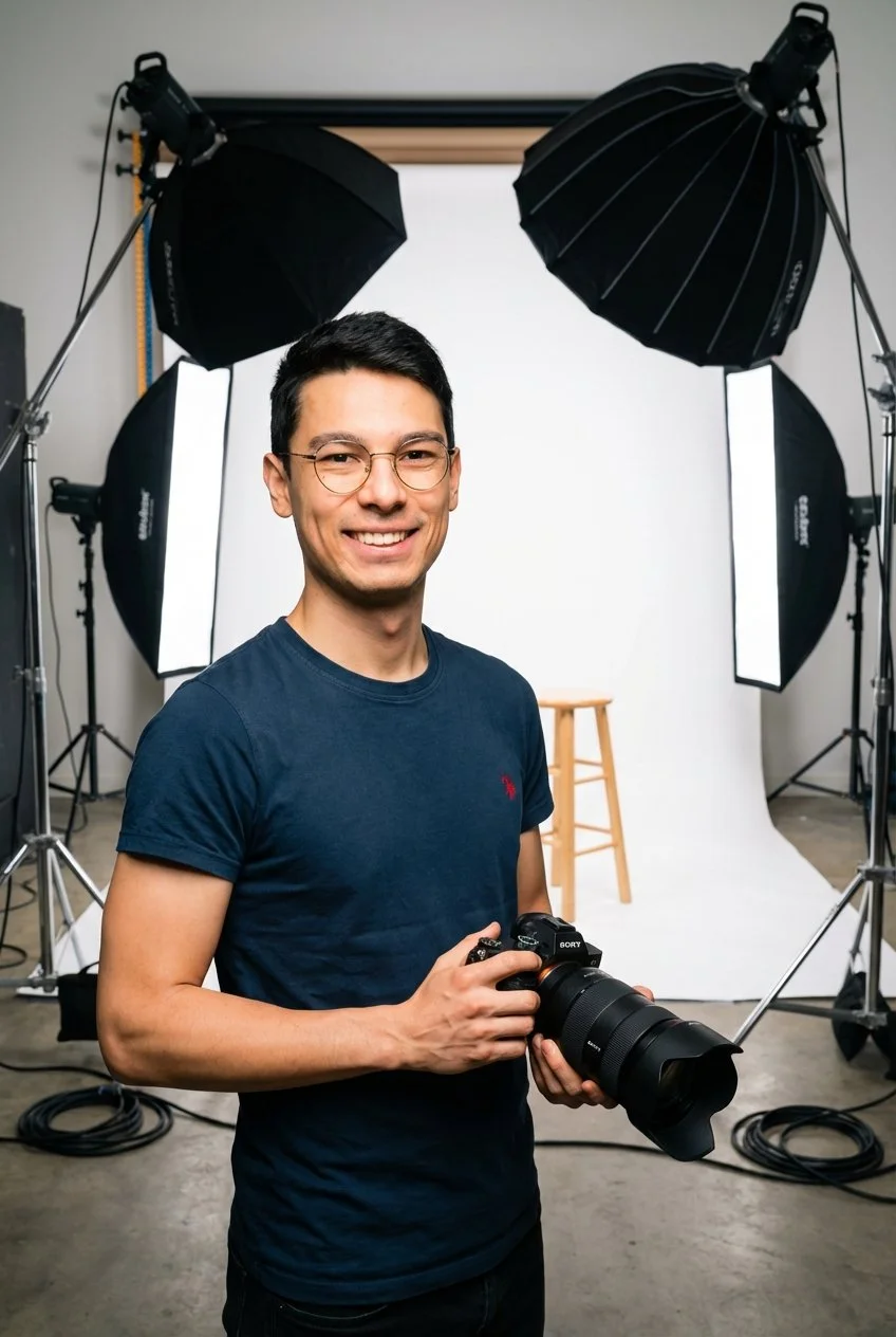 Junger Mann in einem professionellen Fotostudio, hält eine Kamera, umgeben von Studioausrüstung wie LichtSoftboxen und einem Hintergrund, bereit für Fotoshootings.
