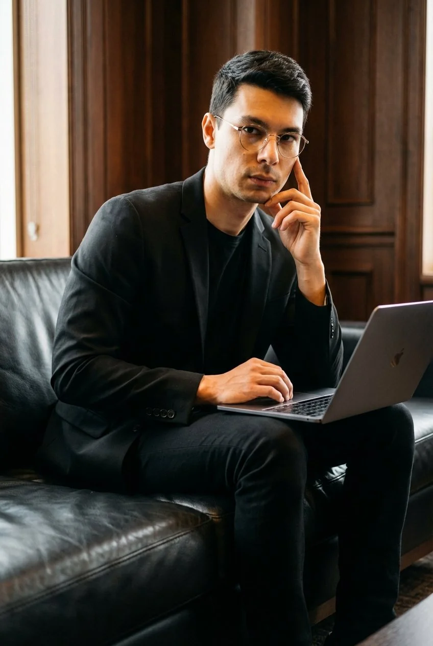 Ein junger Mann in schwarzer Kleidung sitzt auf einem schwarzen Ledersofa mit einem offenen Laptop auf seinem Schoß, vor einem dunklen Holzpaneel im Hintergrund, wirkt nachdenklich und ernst.