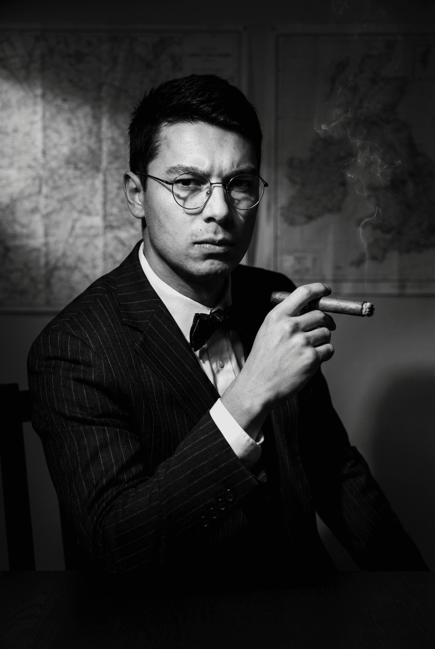 Schwarz-weiß-Foto eines jungen Mannes in Anzug mit Brille, der eine Zigarre raucht.