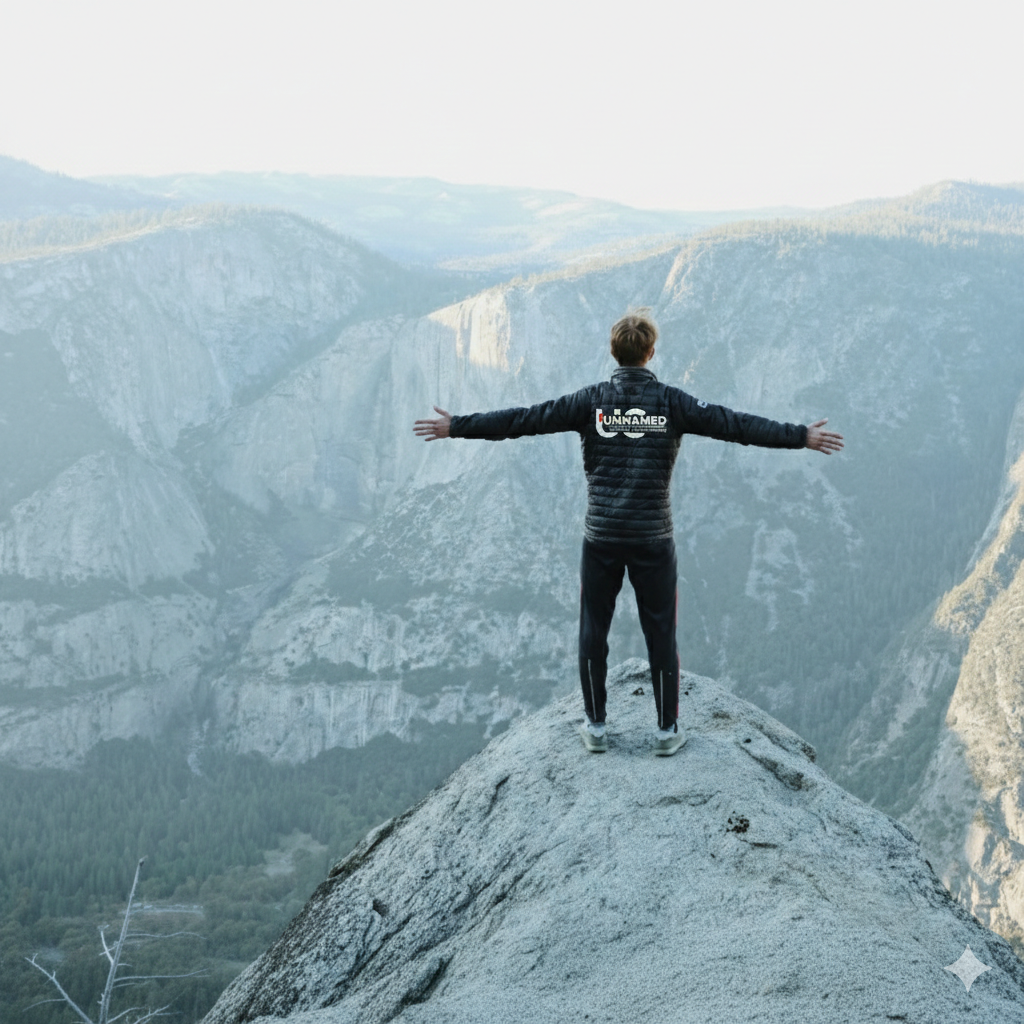 Person står på en stor sten med utsträckta armar på en bergstopp, omgiven av djupa kanjoner och höga berg i ett naturskönt landskap.