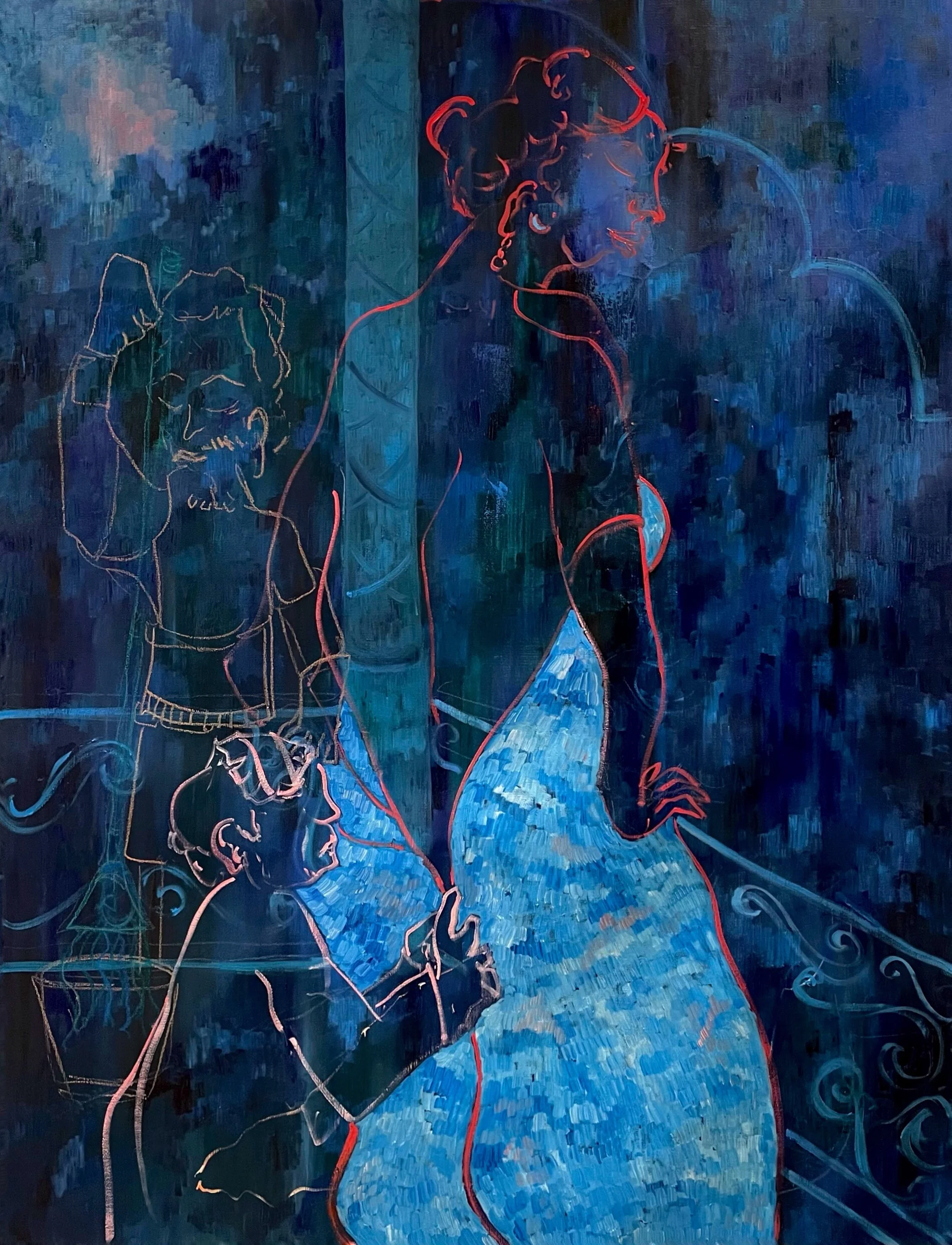  Behind the scenes, oil and oil pastel on canvas, 40 x 52 inches, 2021 