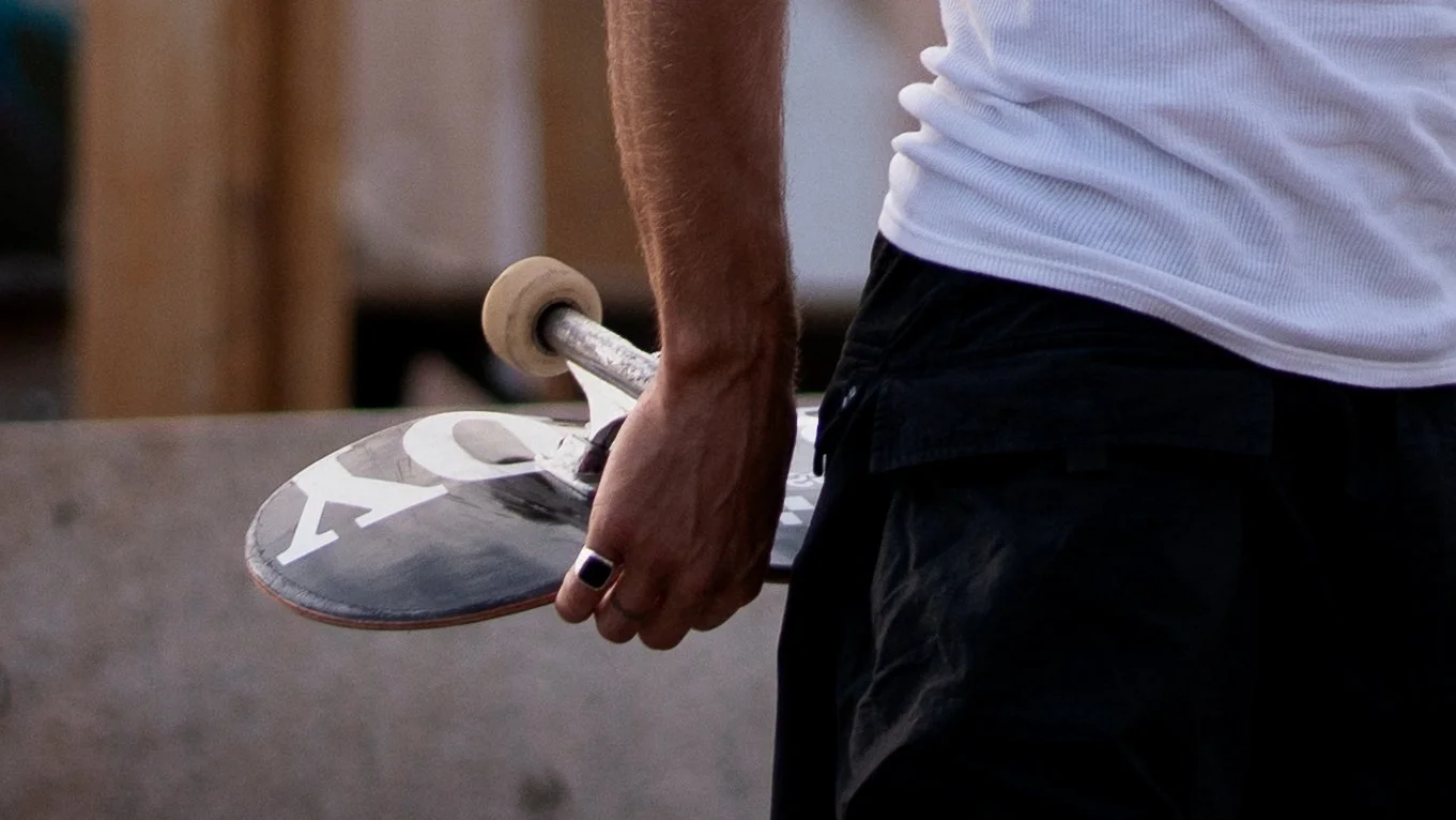 Marcello Campanello, Skateboarder, holding a skateboard in Marseille, France.