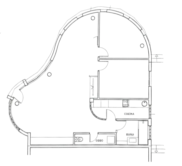 Architectural floor plan of a residential apartment in Lanzarote showing kitchen, bathroom, bedroom, living and dining area.
