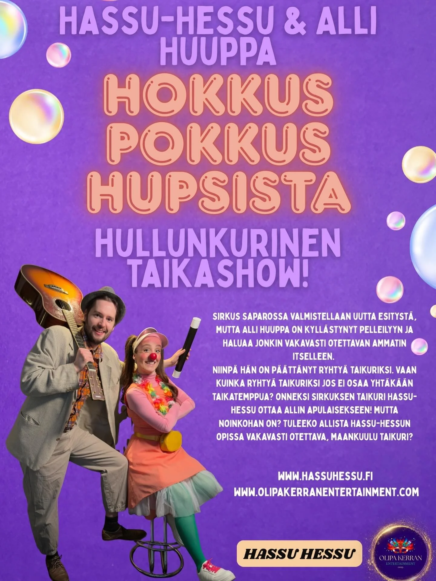 JIHUU! Maagisia uutisia! Nimitt&auml;in Hassu-Hessu @taikurihassuhessu on liittynyt mukaan Sirkus Saparoon! 🎩🪄✨ 

Ja seh&auml;n tarkoittaa sit&auml;, ett&auml; nyt voit tilata Alli Huupan ja Hassu-Hessun yhdess&auml; esiintym&auml;&auml;n!
Hokkus P