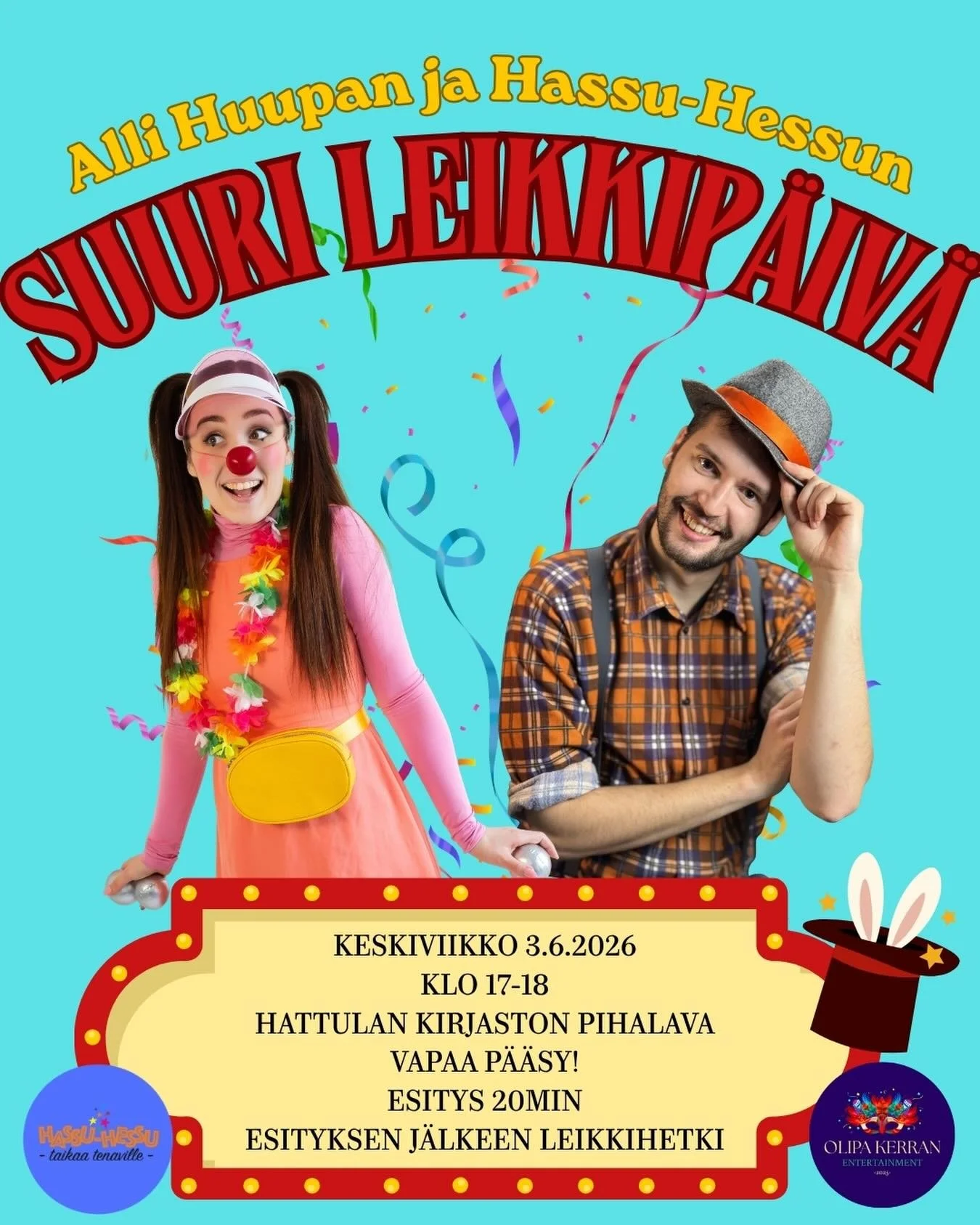 HOPLAA HATTULA! 🌸
Huomenna keskiviikkona alkaa Hattula-p&auml;iv&auml;t ja Alli &amp; Hessu saavat olla mukana menossa! 

Keskiviikkona 3.6. klo 17-18 Hattulan kirjaston pihalavalla nimitt&auml;in ohjelmassa on Allin ja Hessun suuri leikkip&auml;iv&