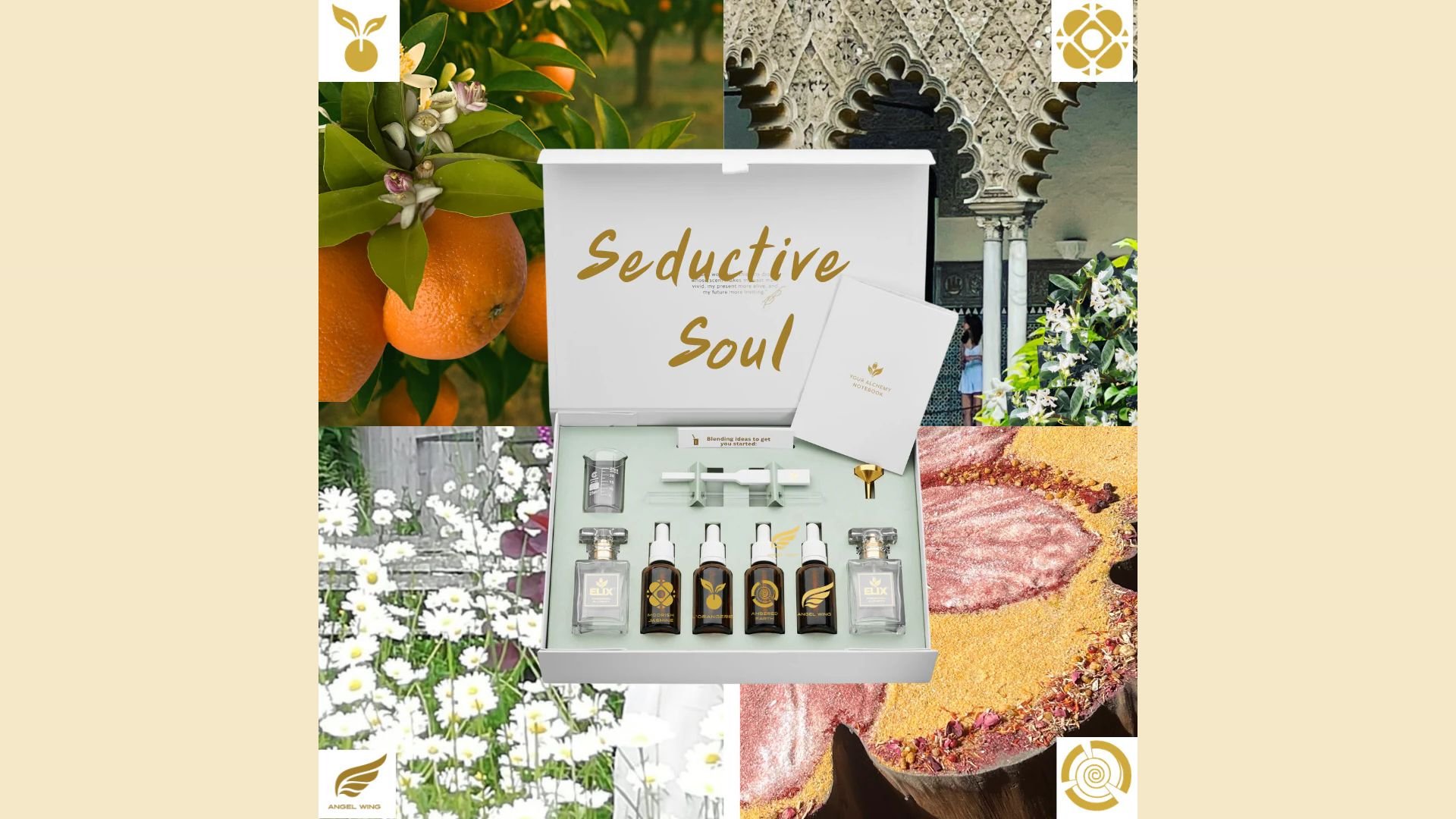 A perfume blending kit by ELIX Personal Alchemy is shown on a background of ingredient images