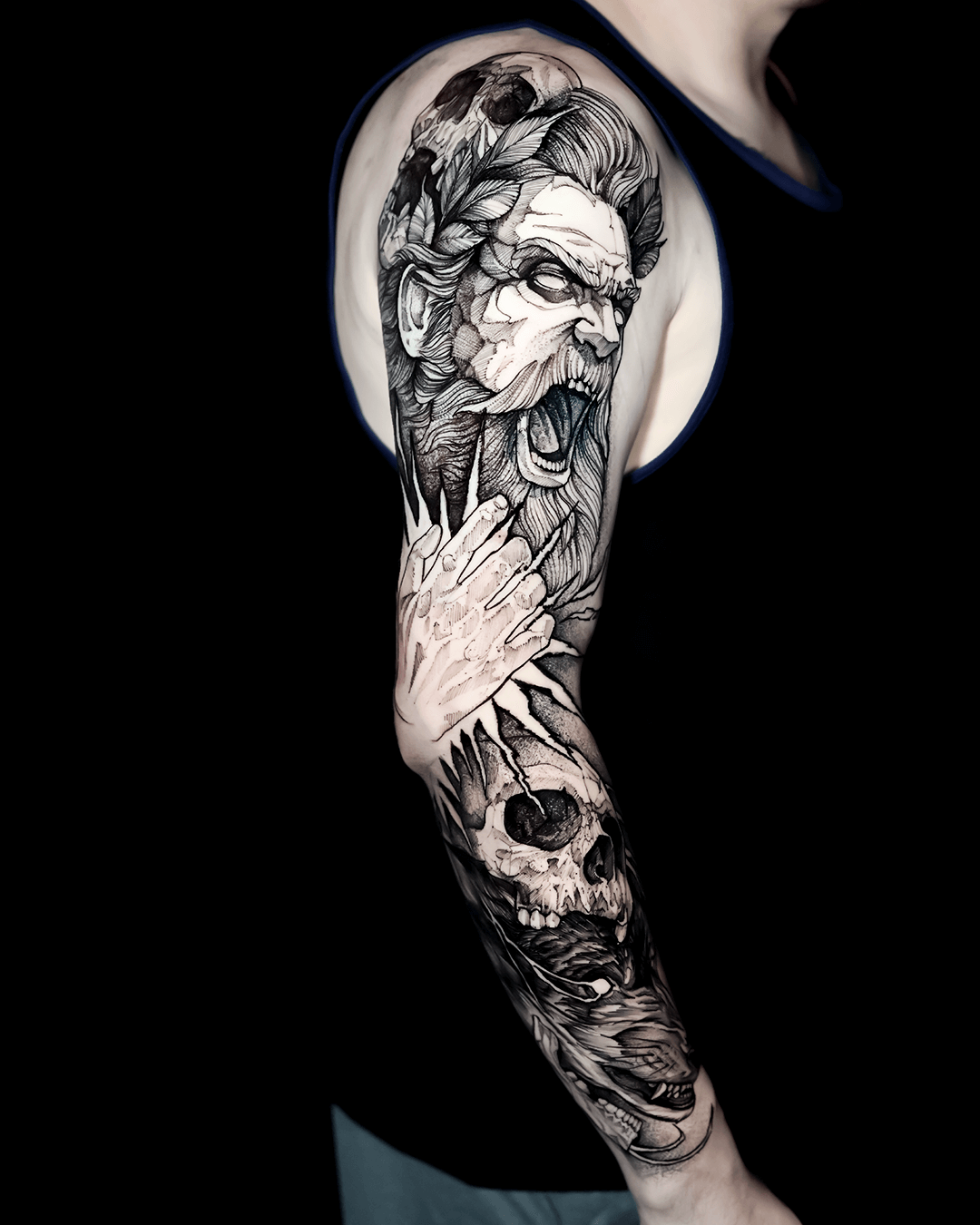 Bearded Warrior and Skull Sleeve Tattoo