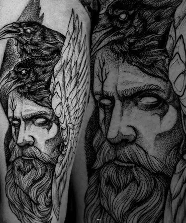 Norse Warrior With Raven Realism Tattoo