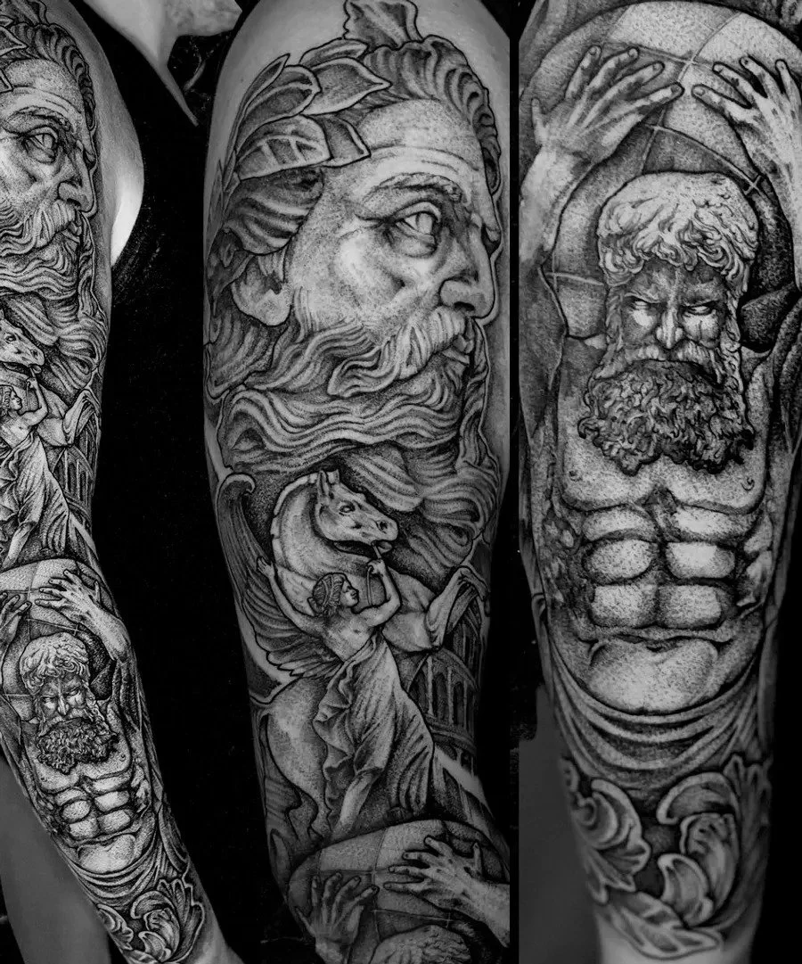 Black-and-gray Roman mythology full sleeve tattoo.