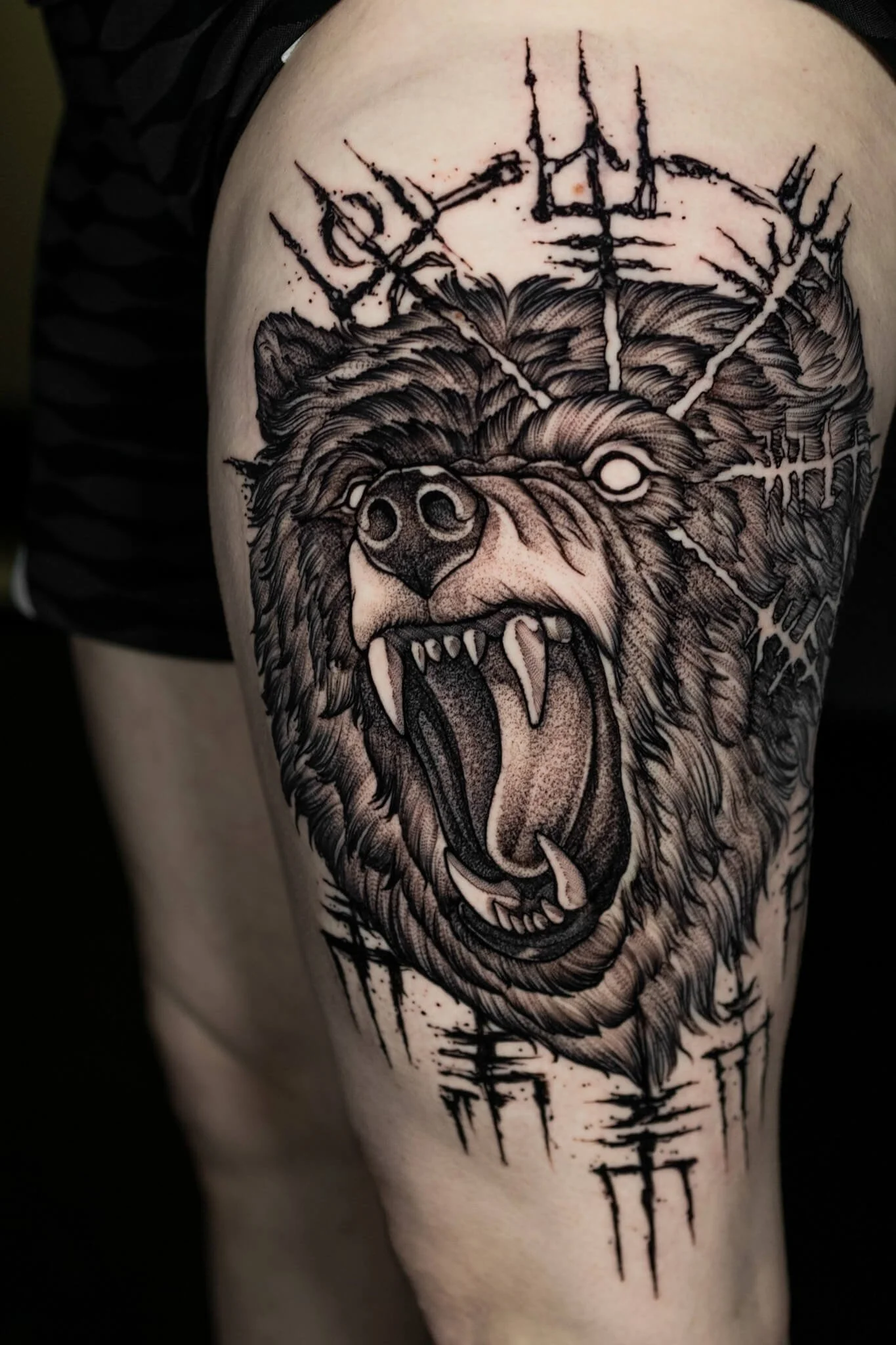 Roaring Bear With Nordic Symbols Leg Tattoo