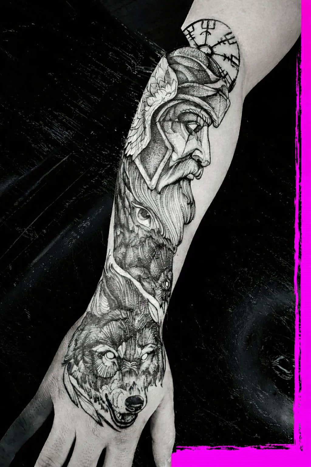 Custom Viking and Wolf Black Forearm Tattoo