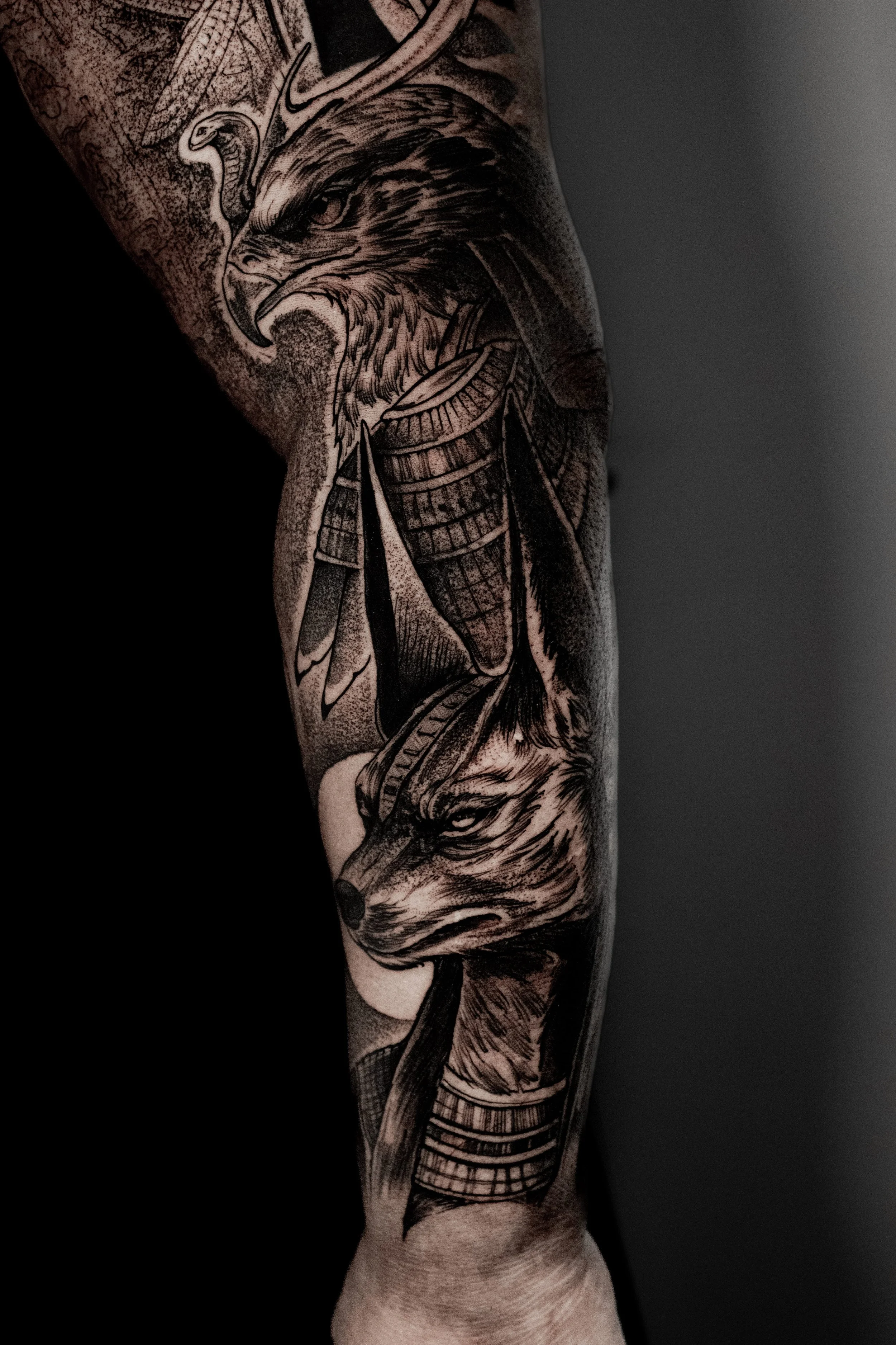 Egyptian Ankh and Falcon Sleeve & Forearm Tattoo