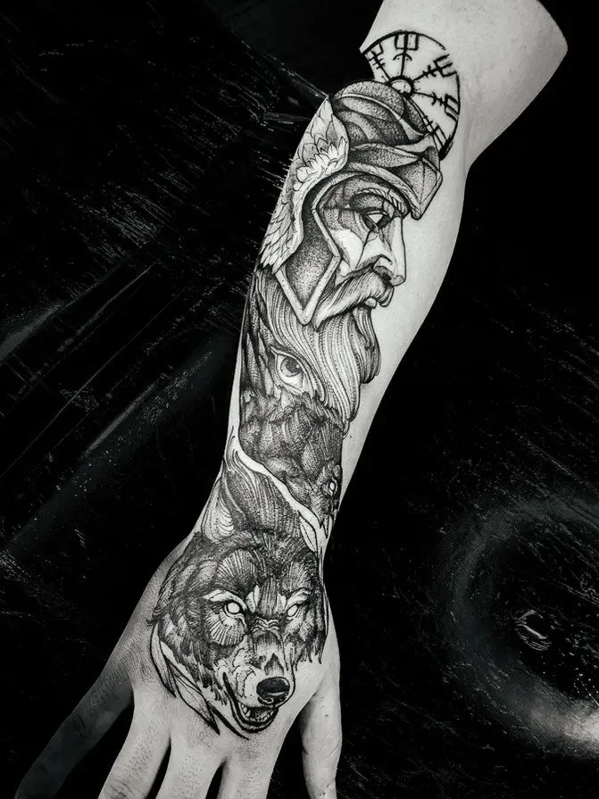Viking Warrior And Wolf Forearm Tattoo