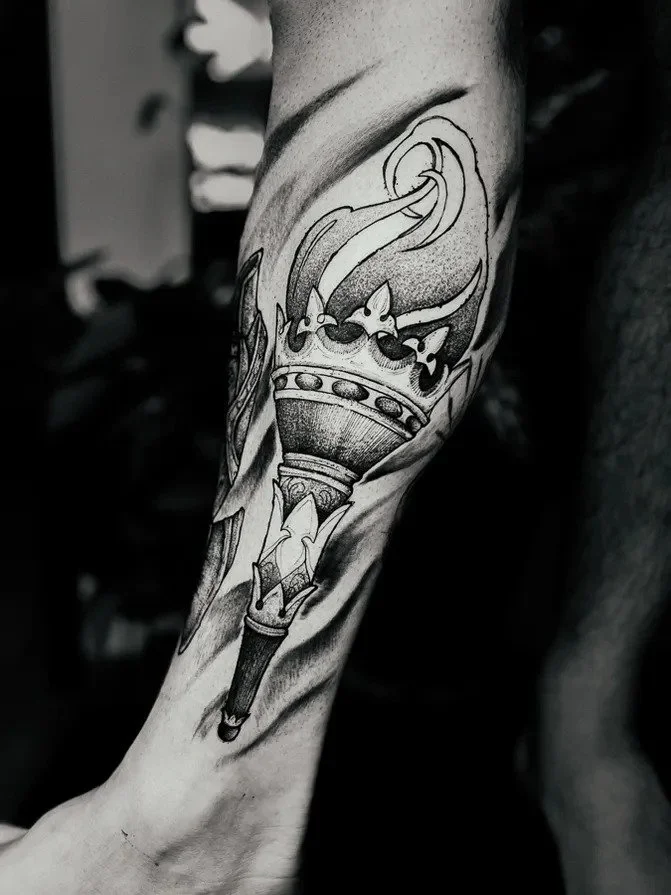 Ornamental Torch Black And Grey Tattoo