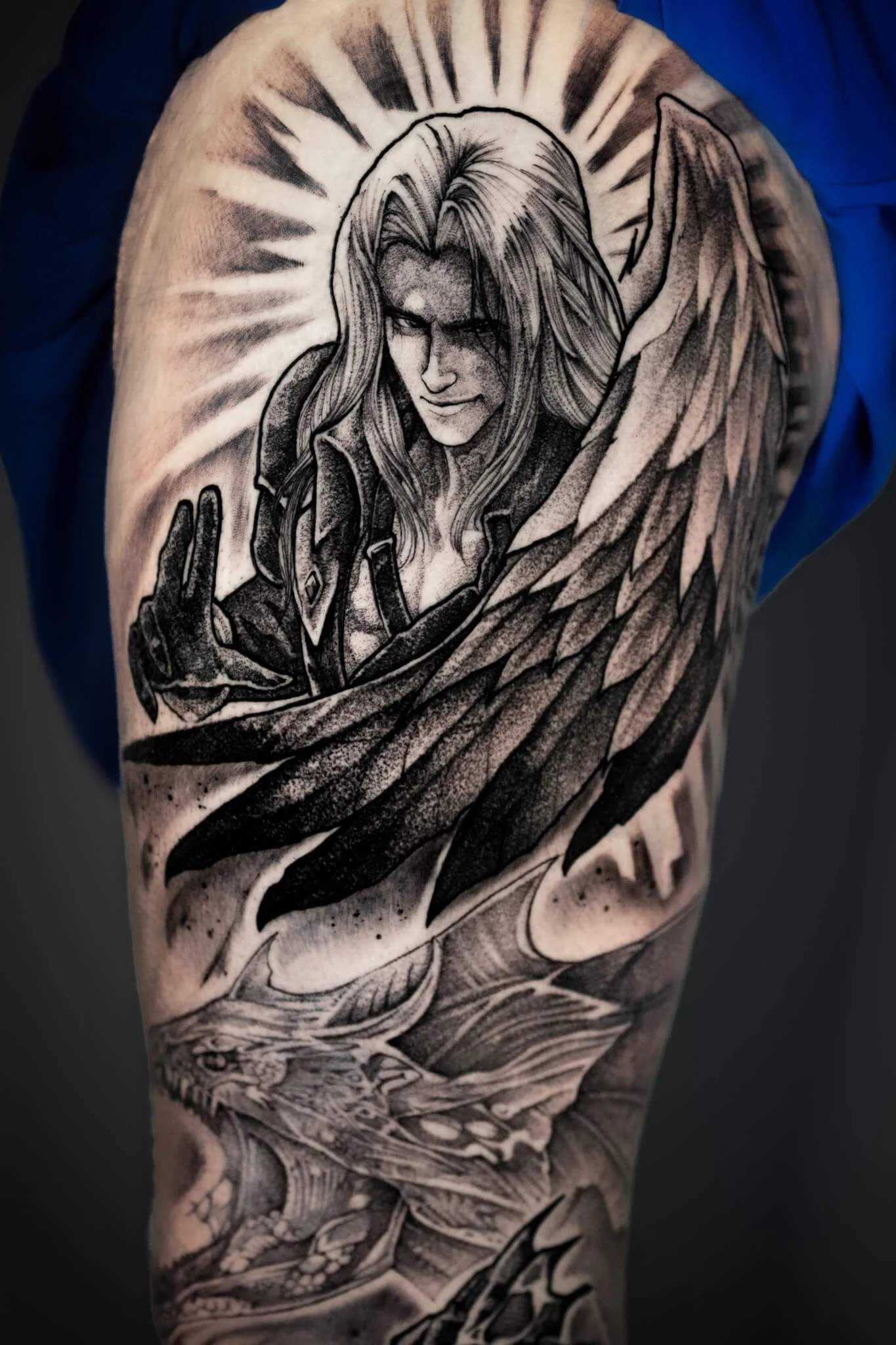 Fallen Angel And Dragon Black And Grey Tattoo