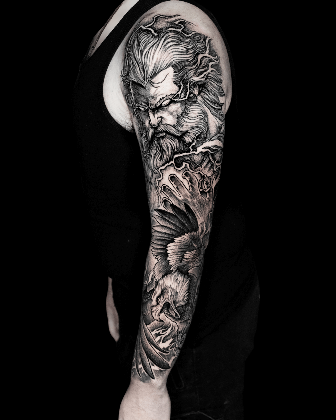 Mythological God and Eagle Full-Sleeve Tattoo