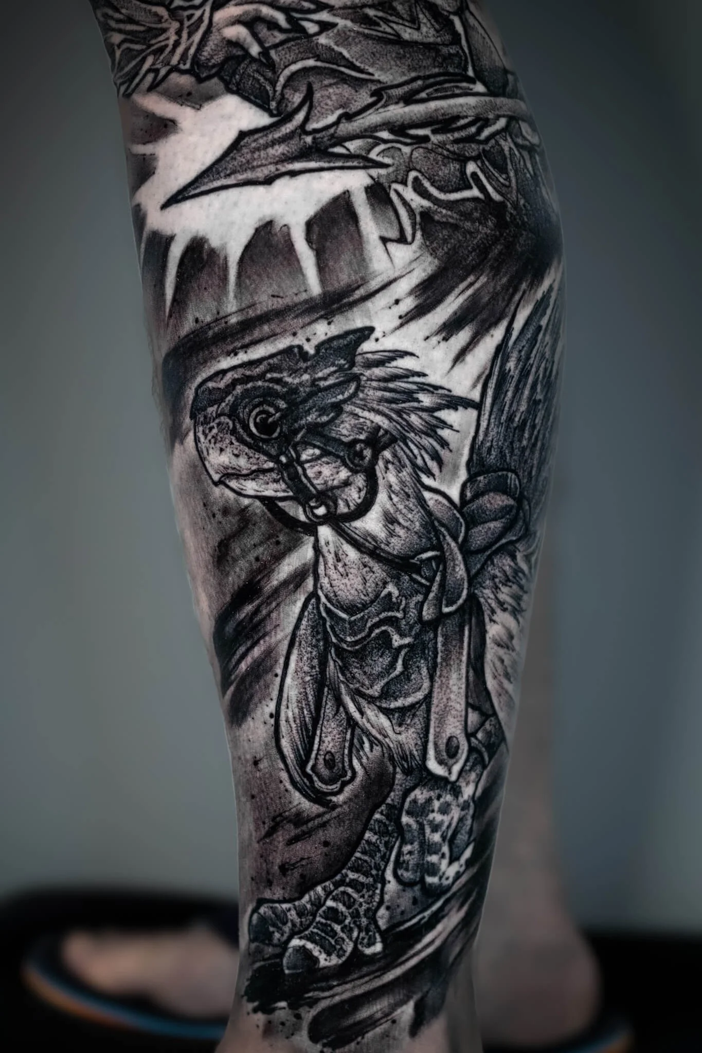 Fantasy Dinosaur Warrior Black And Grey Tattoo