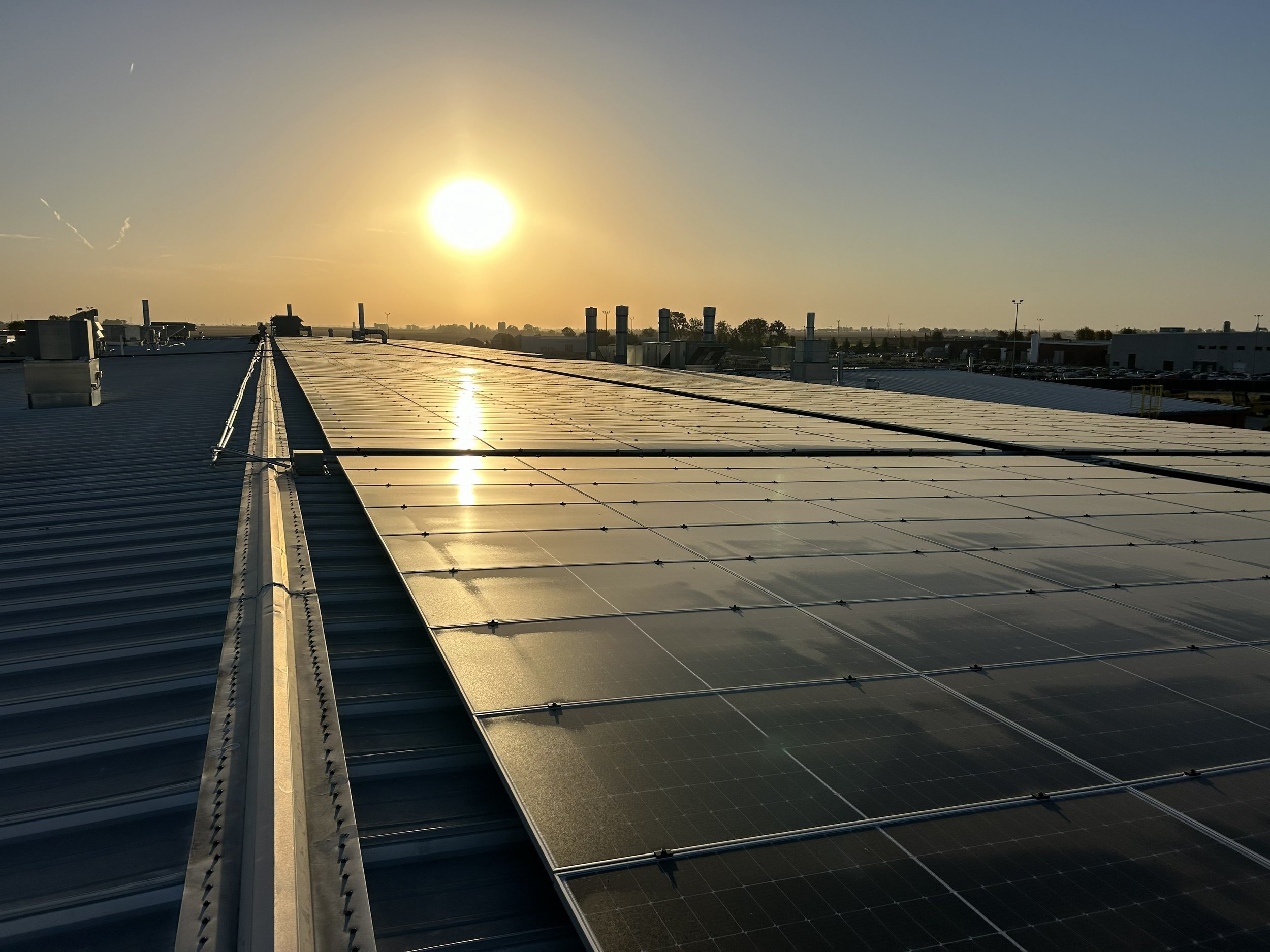 Sunset over a large array of solar panels on a rooftop.